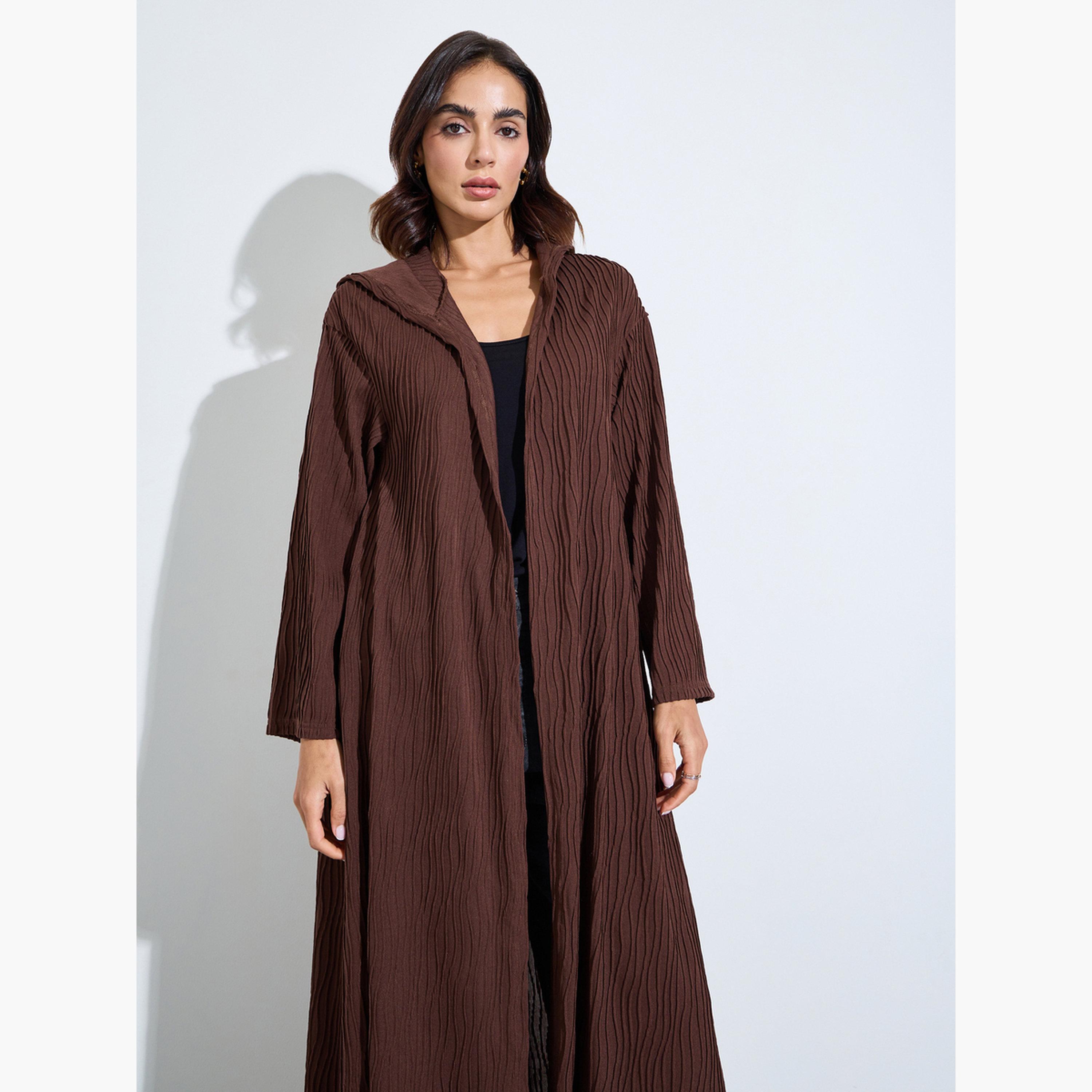 Amirah X Styli Brown Hooded Textured Open Front Abaya-women-arabicclothing-abayas-image-2