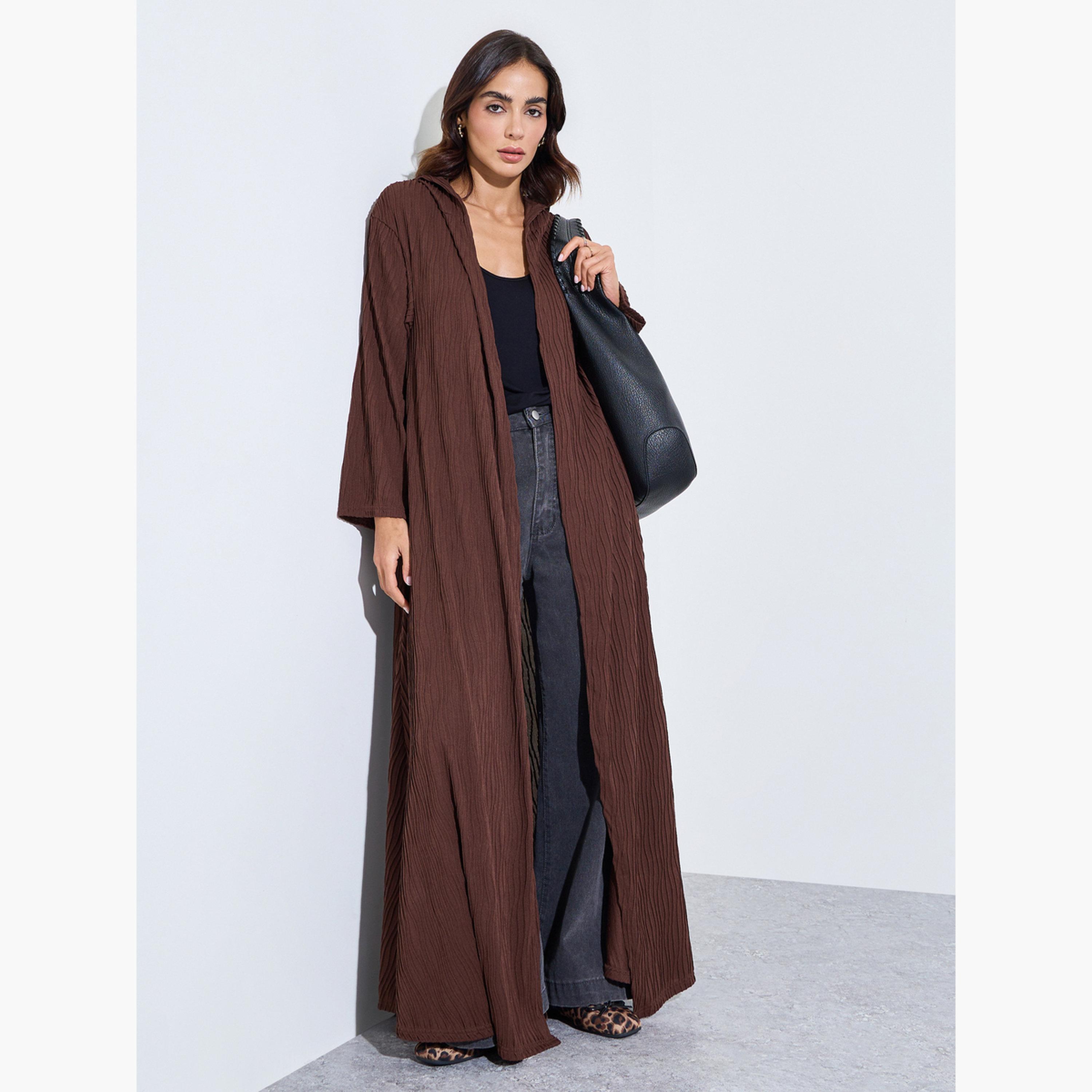 Amirah X Styli Brown Hooded Textured Open Front Abaya-women-arabicclothing-abayas-image-3