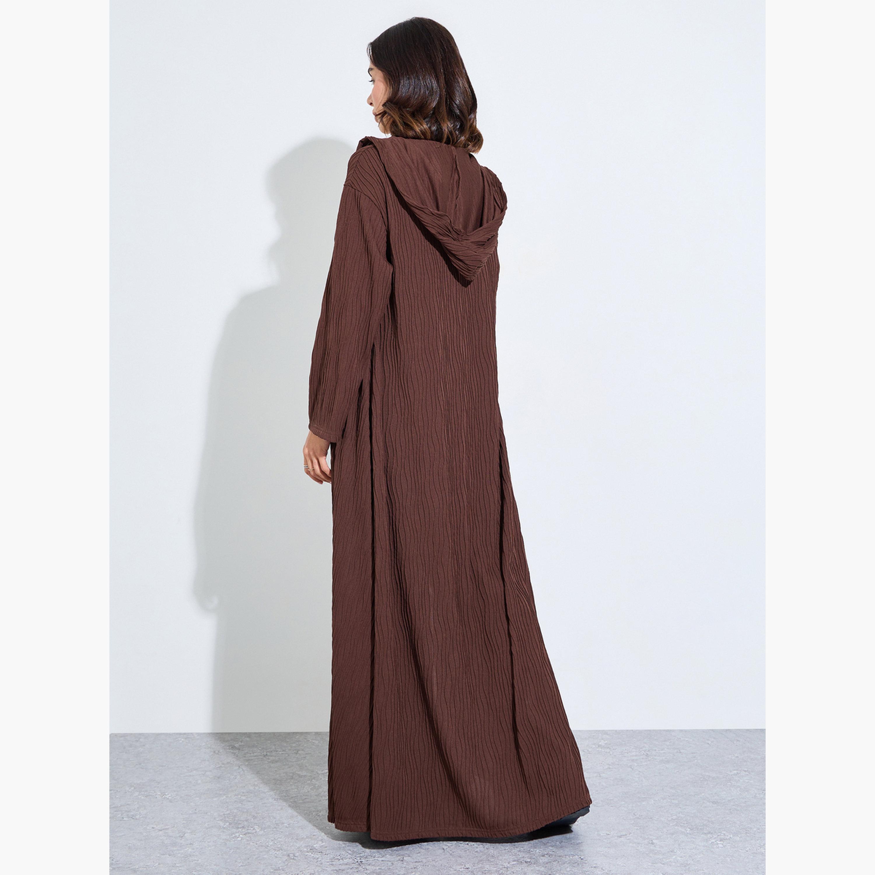 Amirah X Styli Brown Hooded Textured Open Front Abaya-women-arabicclothing-abayas-image-4