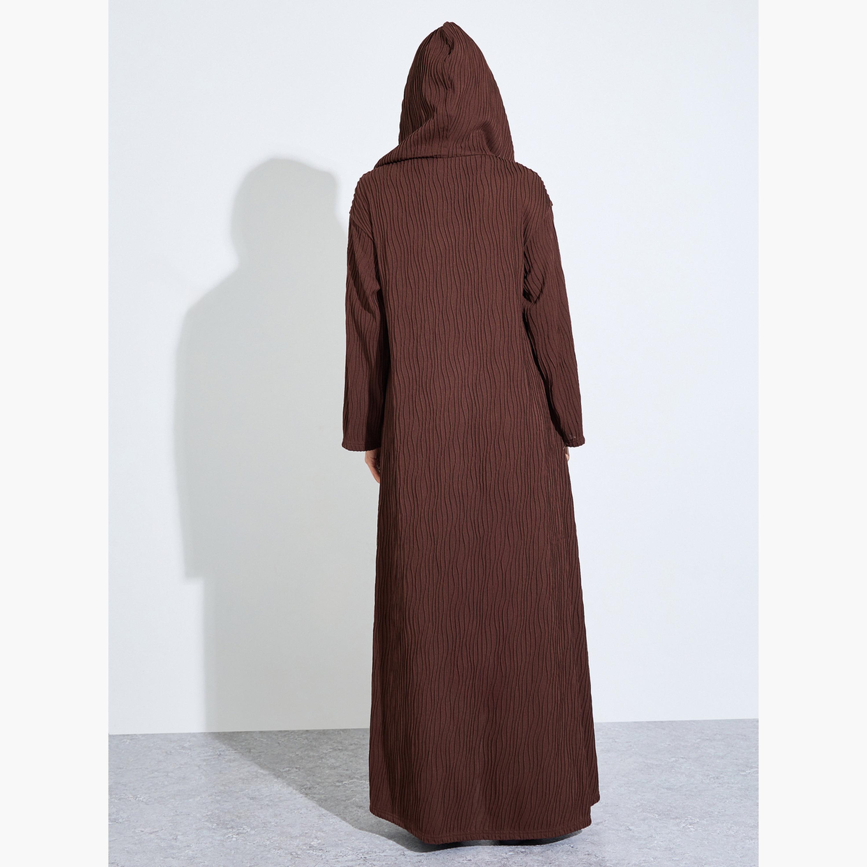 Amirah X Styli Brown Hooded Textured Open Front Abaya-women-arabicclothing-abayas-image-5