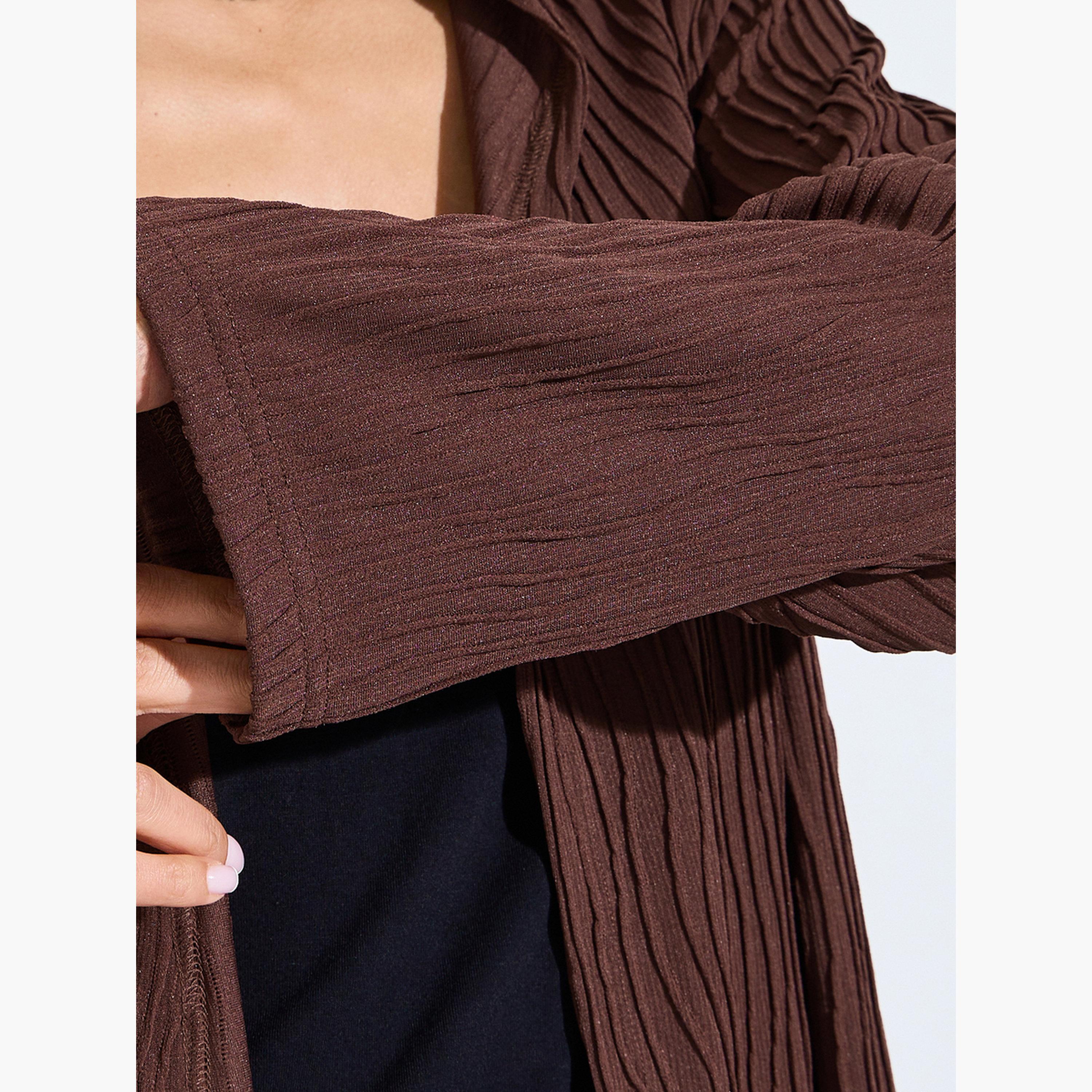 Amirah X Styli Brown Hooded Textured Open Front Abaya-women-arabicclothing-abayas-image-6
