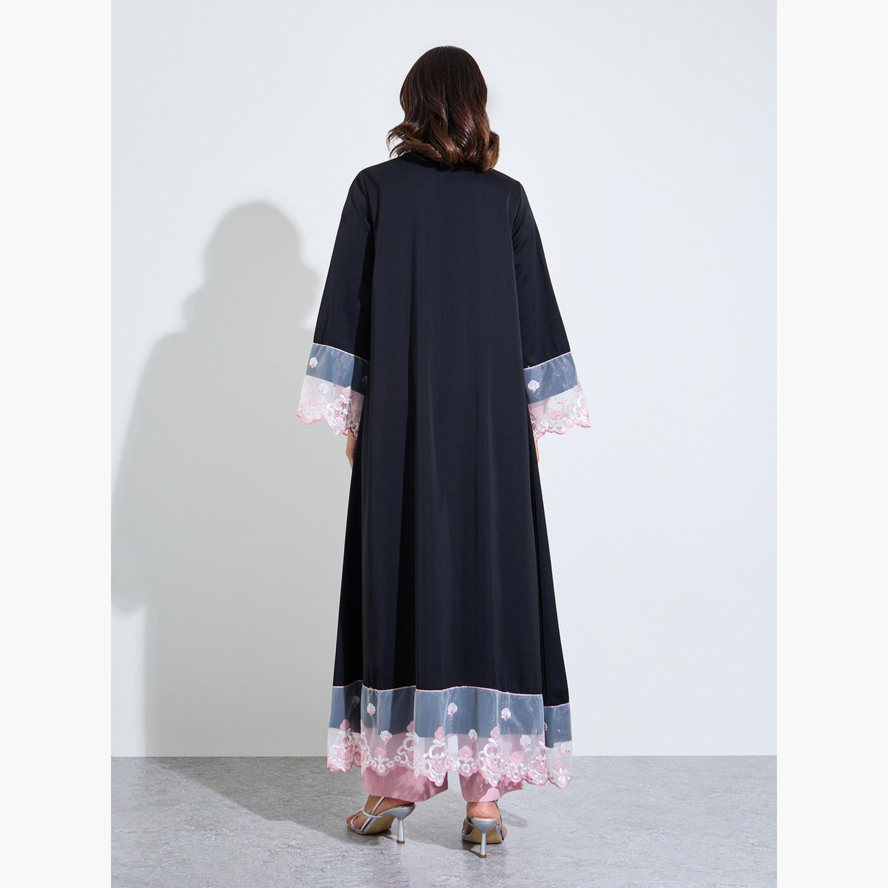 عباية مفتوحة من الأمام مع حواف دانتيل وردي ناعم لون أسود-women-arabicclothing-abayas-image-3