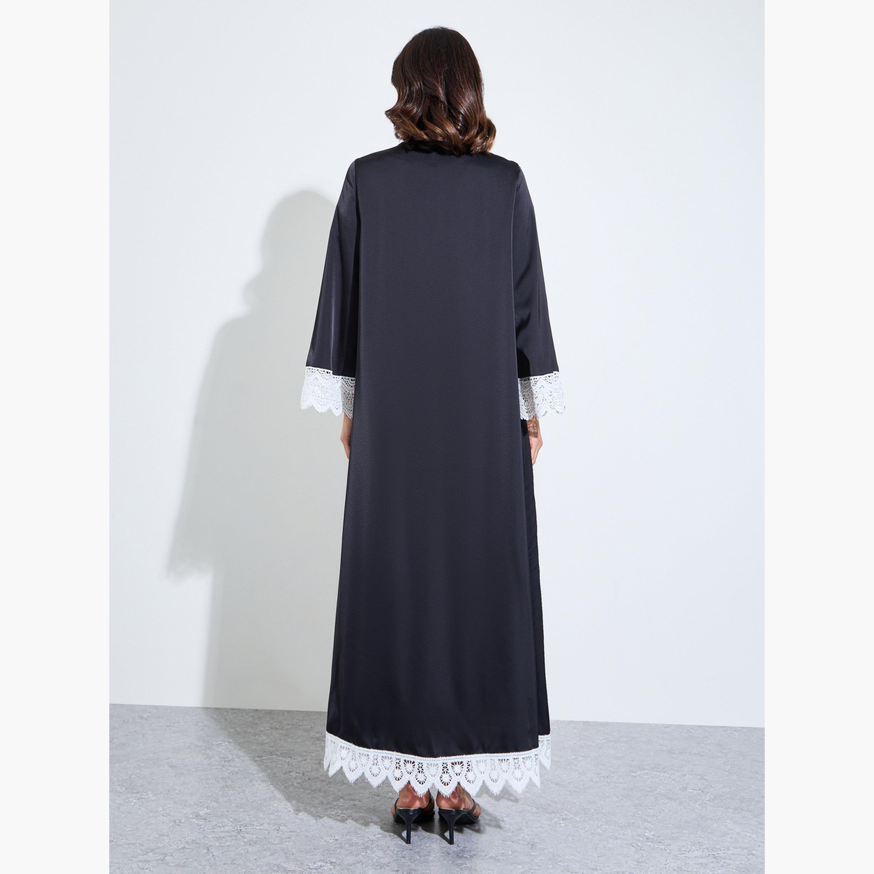 عباية مفتوحة من الأمام بلون سادة مع حواف دانتيل ناعم لون أسود-women-arabicclothing-abayas-image-4