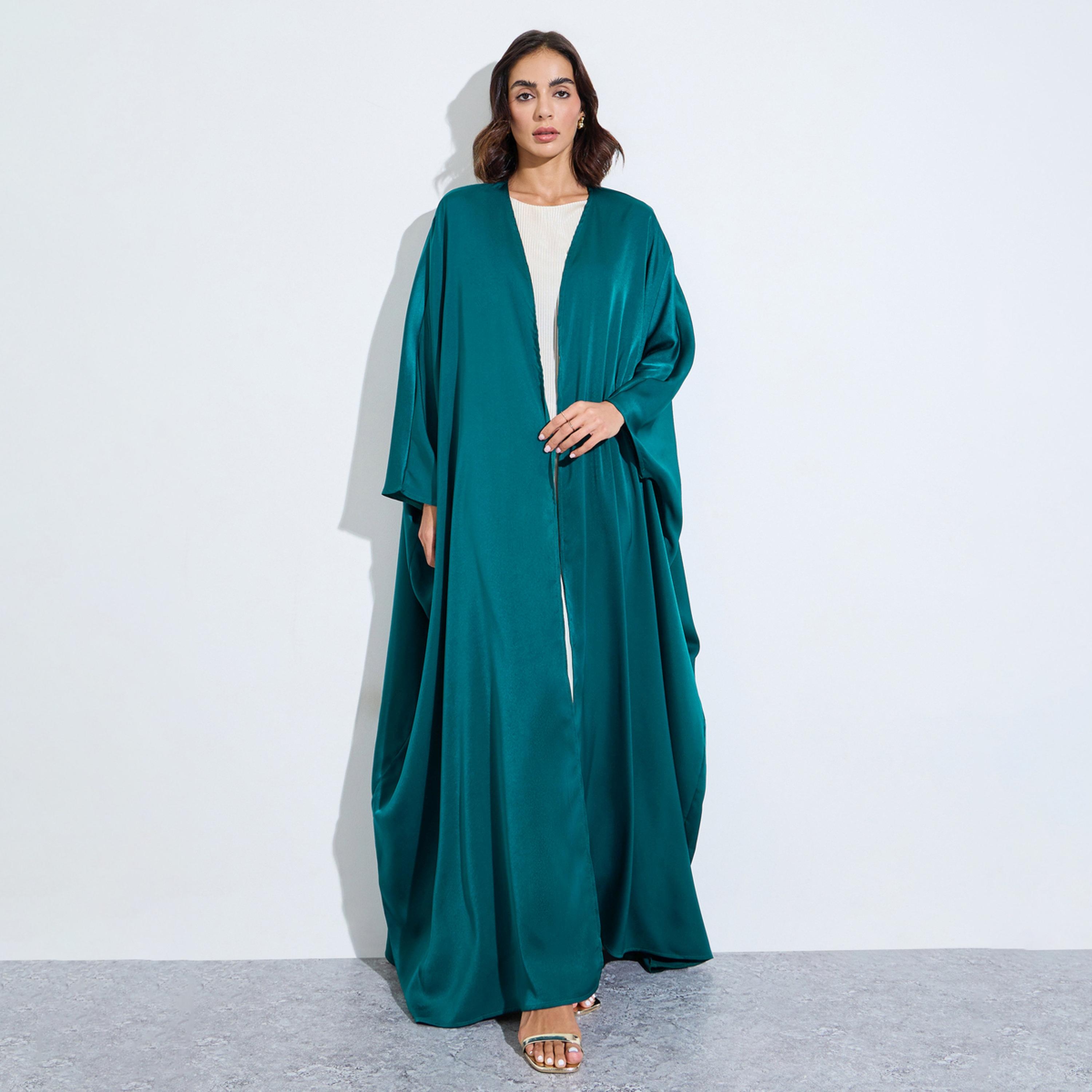 عباية مفتوحة من الأمام بلون سادة وأكمام خفاش لون أخضر-women-arabicclothing-abayas-image-1