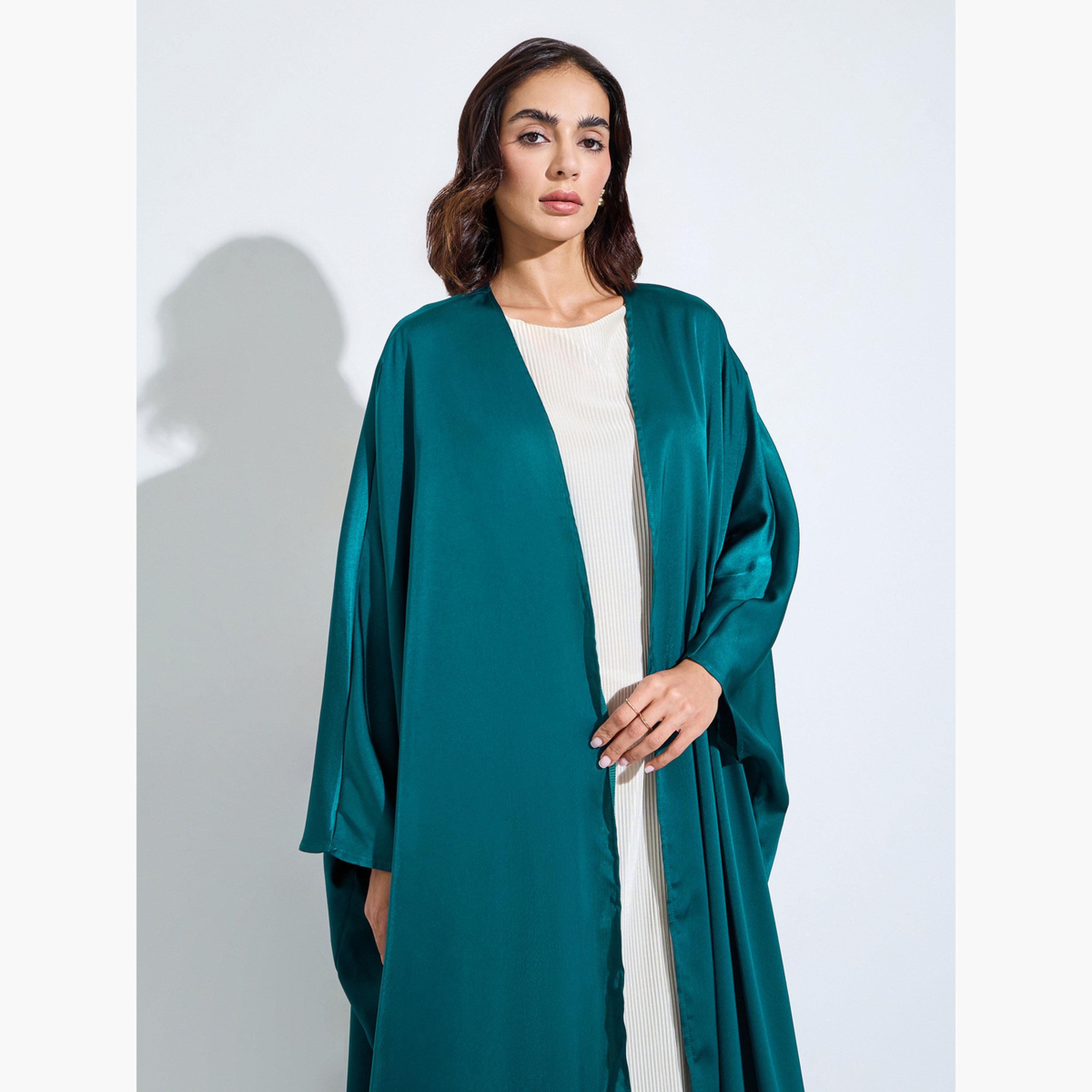 عباية مفتوحة من الأمام بلون سادة وأكمام خفاش لون أخضر-women-arabicclothing-abayas-image-2