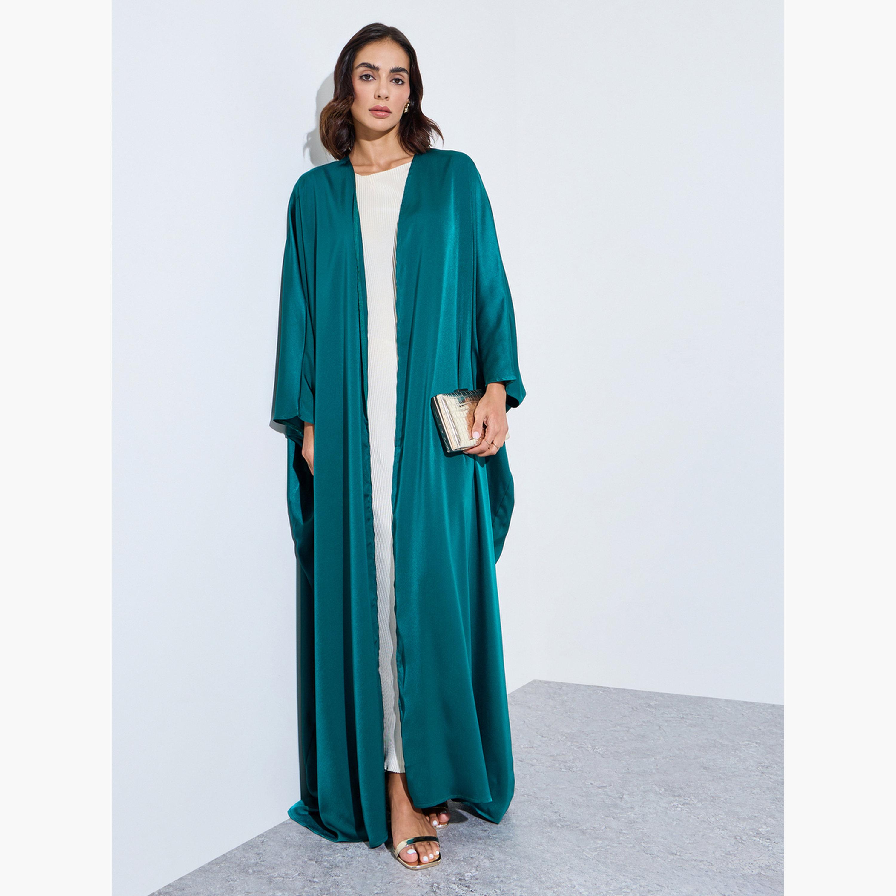 عباية مفتوحة من الأمام بلون سادة وأكمام خفاش لون أخضر-women-arabicclothing-abayas-image-3