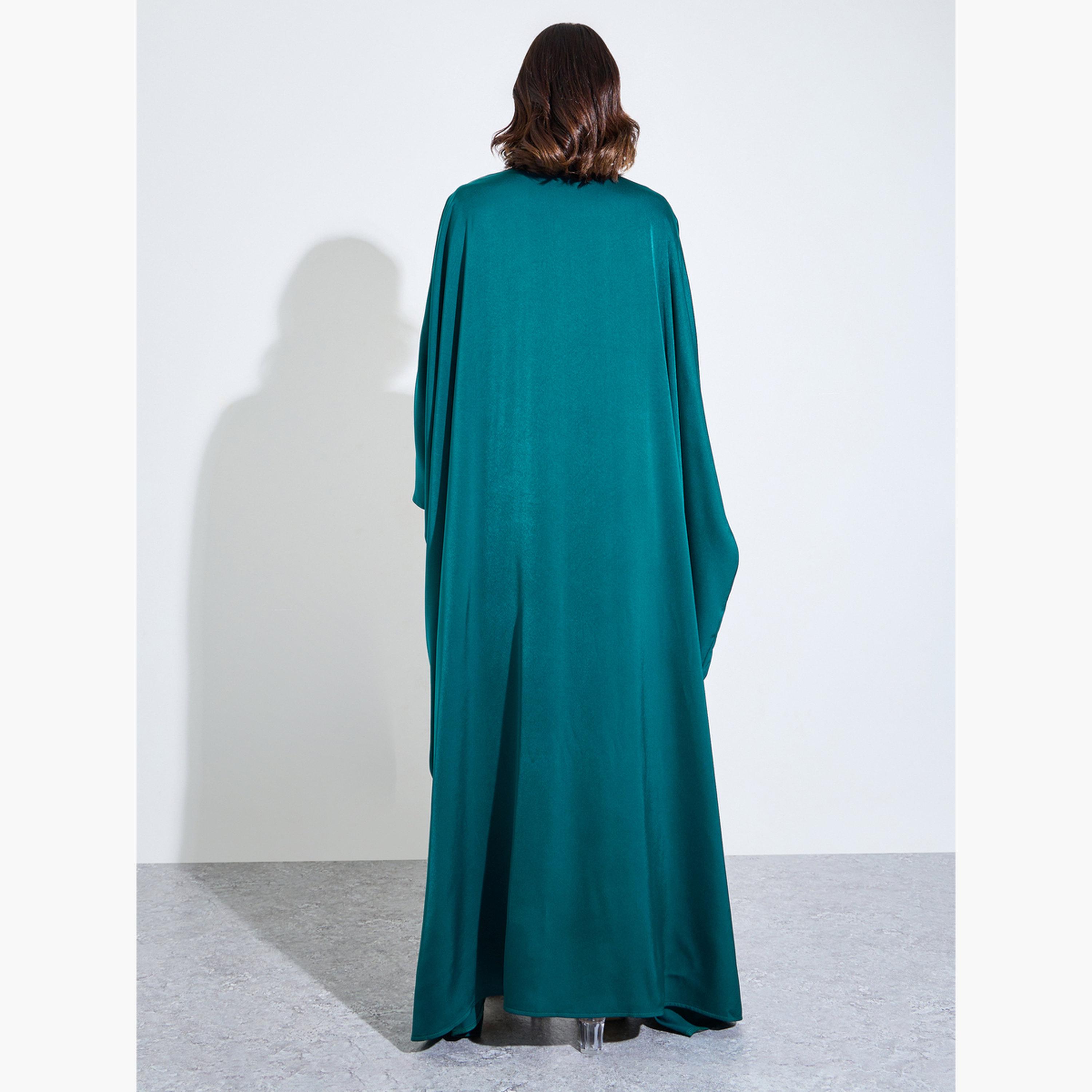 عباية مفتوحة من الأمام بلون سادة وأكمام خفاش لون أخضر-women-arabicclothing-abayas-image-4
