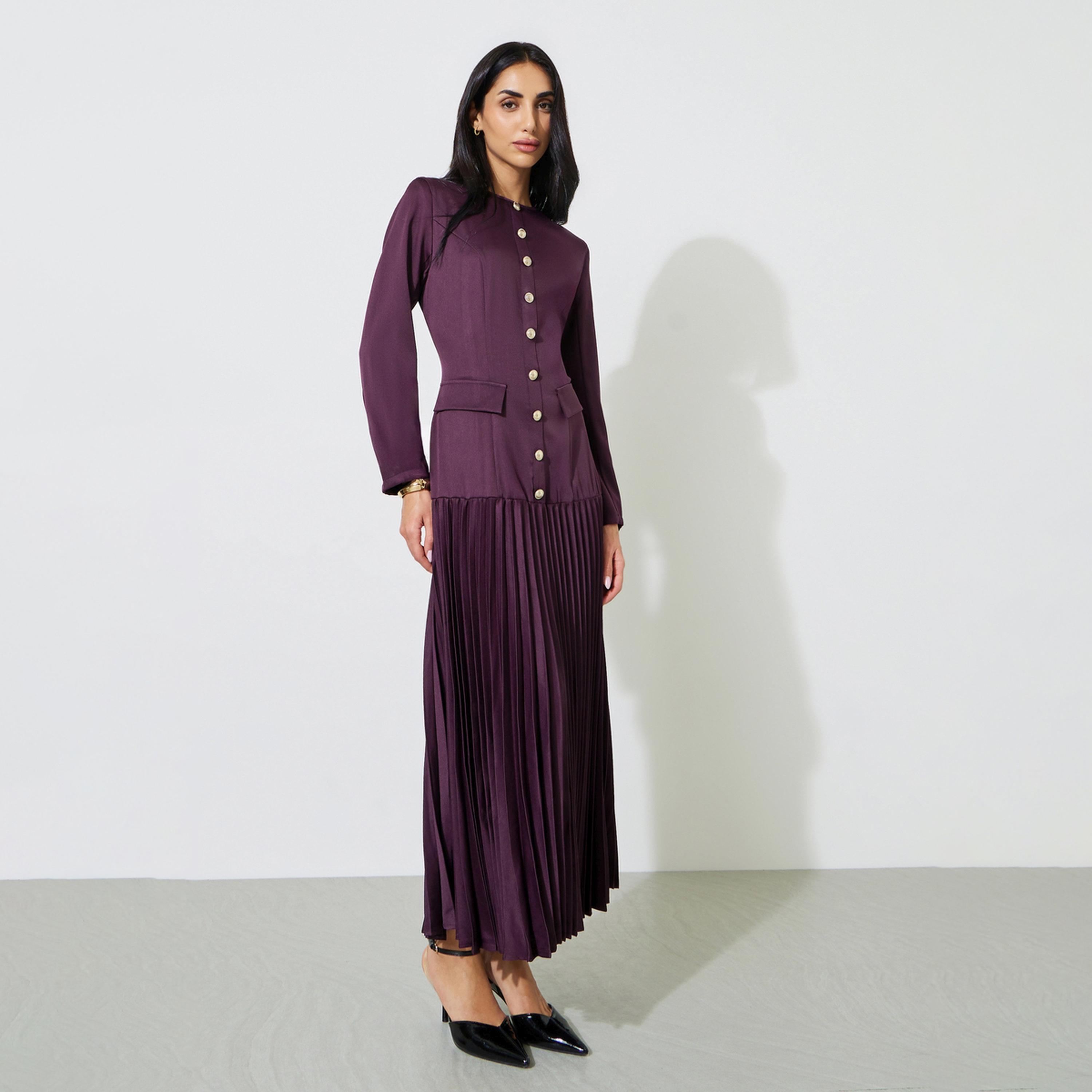 Styli Purple Solid Pleated Button Detail A-Line Maxi Dress-women-clothing-dresses-image-1