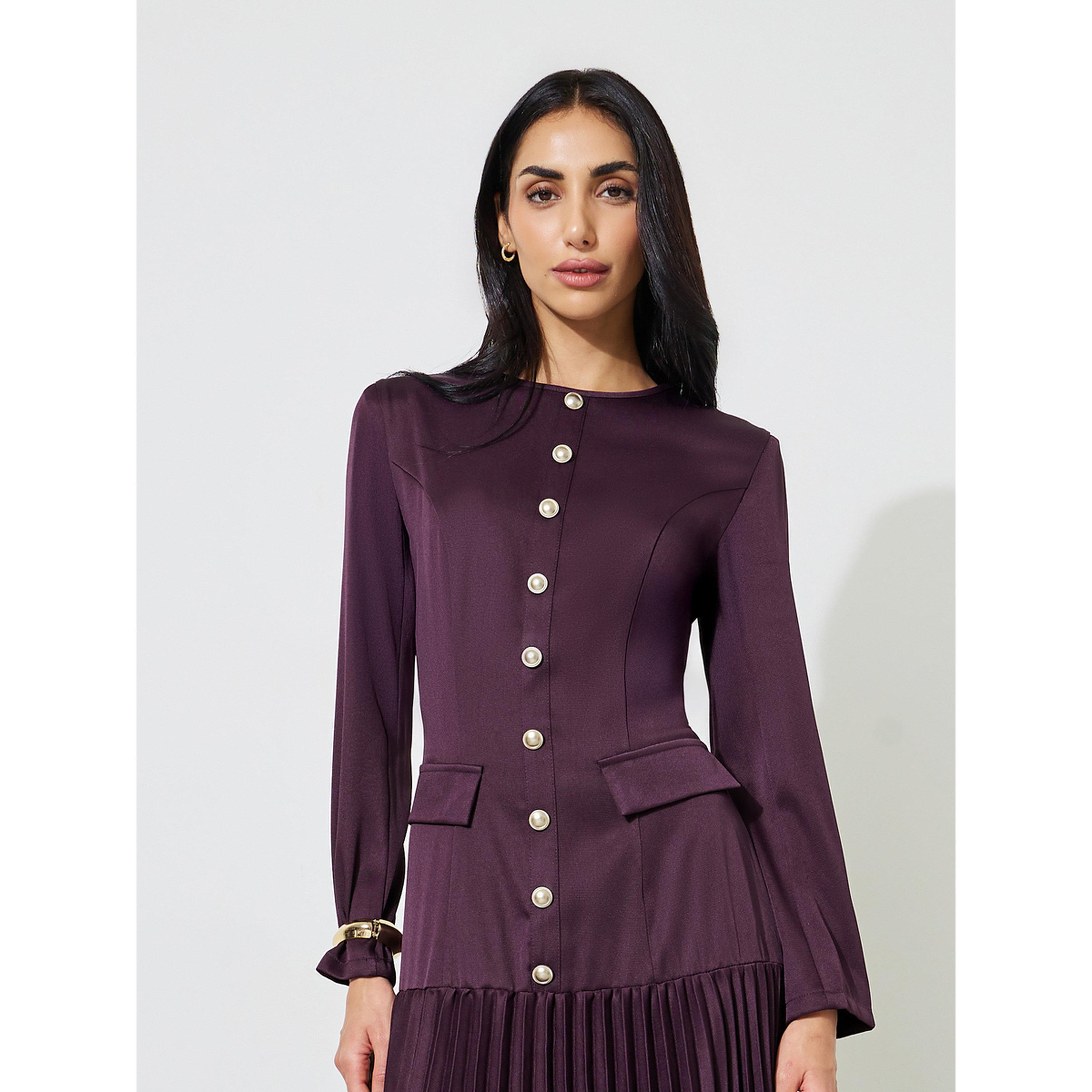فستان طويل بحافة واسعة وكسرات مع تفاصيل أزرار سادة-women-clothing-dresses-image-2