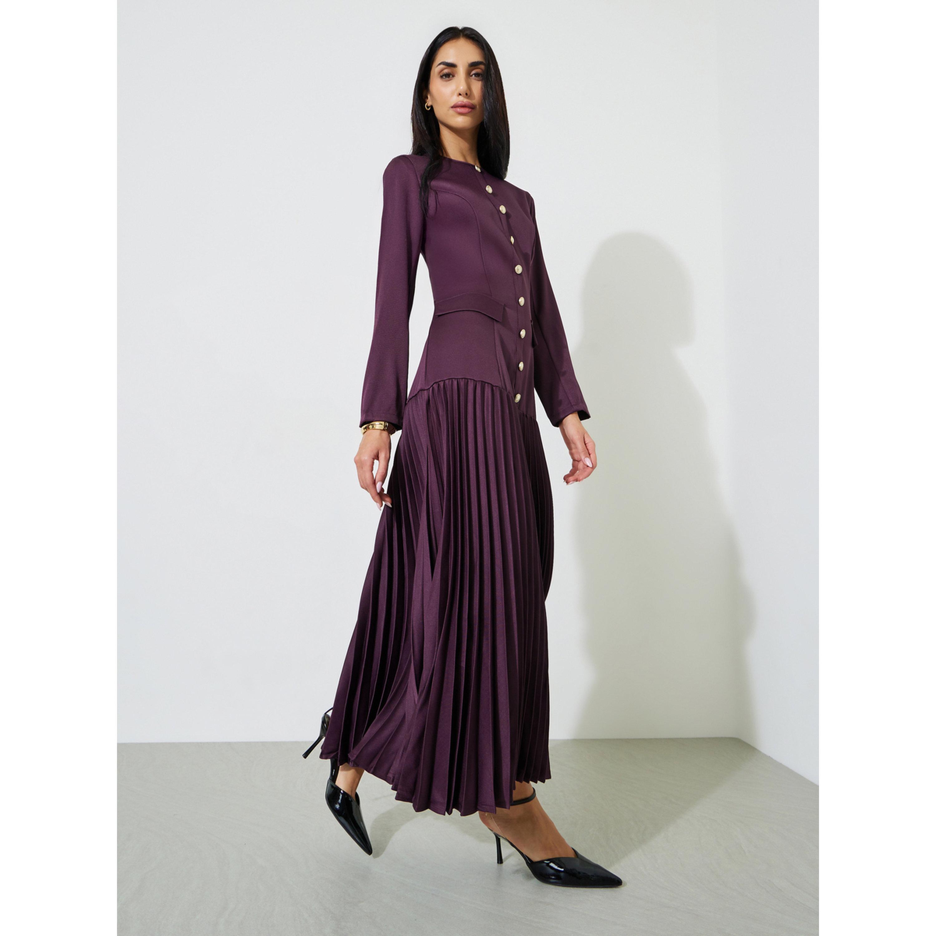 Styli Purple Solid Pleated Button Detail A-Line Maxi Dress-women-clothing-dresses-image-3