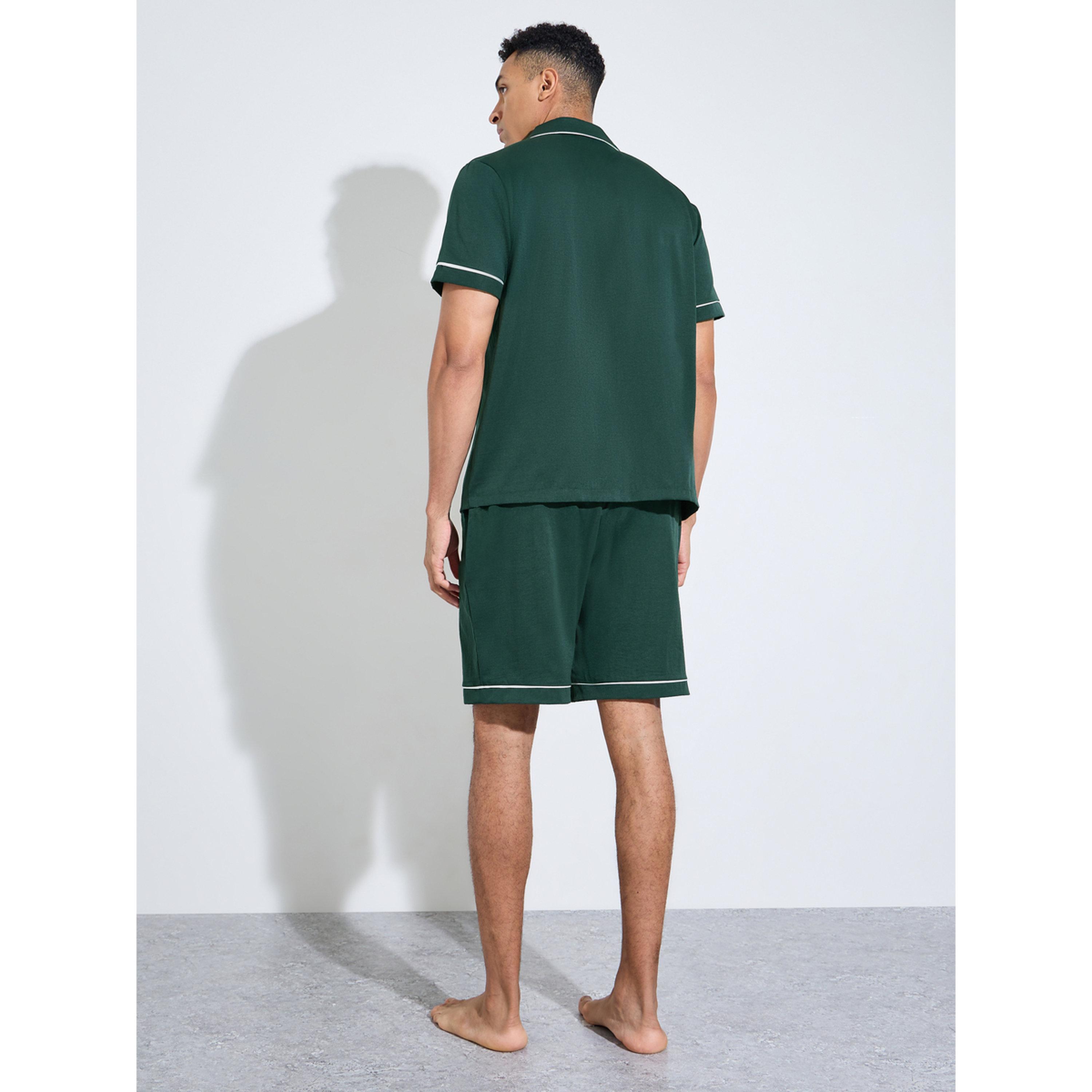 طقم بيجاما من قميص وشورت سادة وأطراف متباينة أخضر داكن-men-clothing-nightwear-sets-image-2