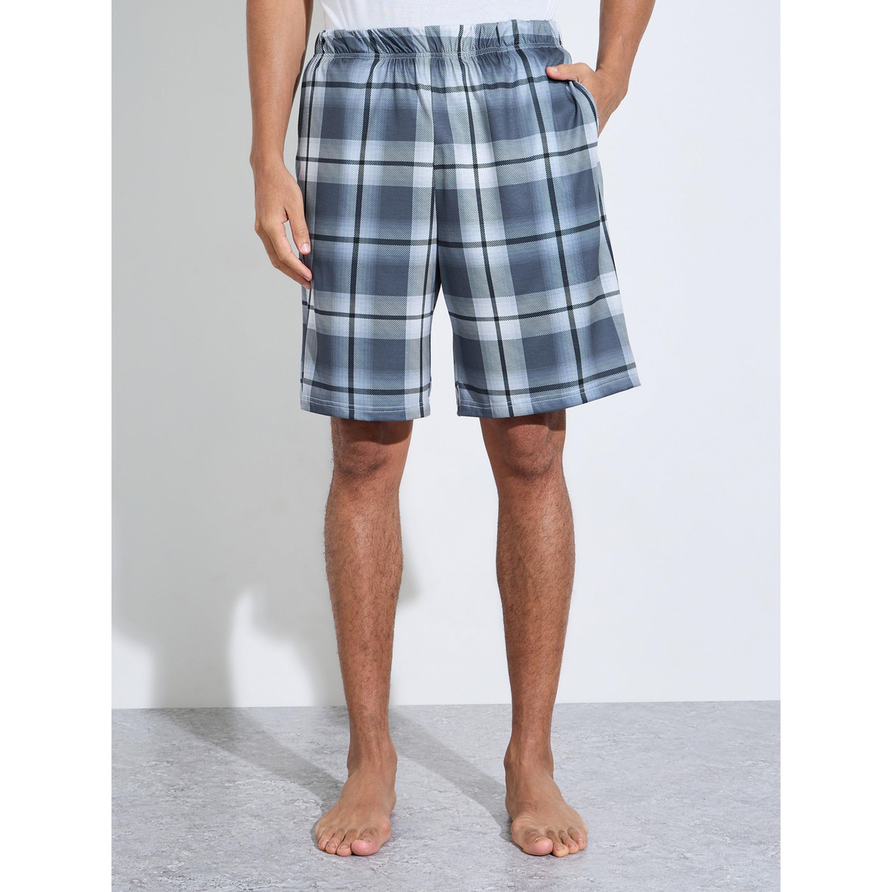 Styli White Solid Round Neck T-Shirt and Checked Shorts Pyjama Set-men-clothing-nightwear-sets-image-5