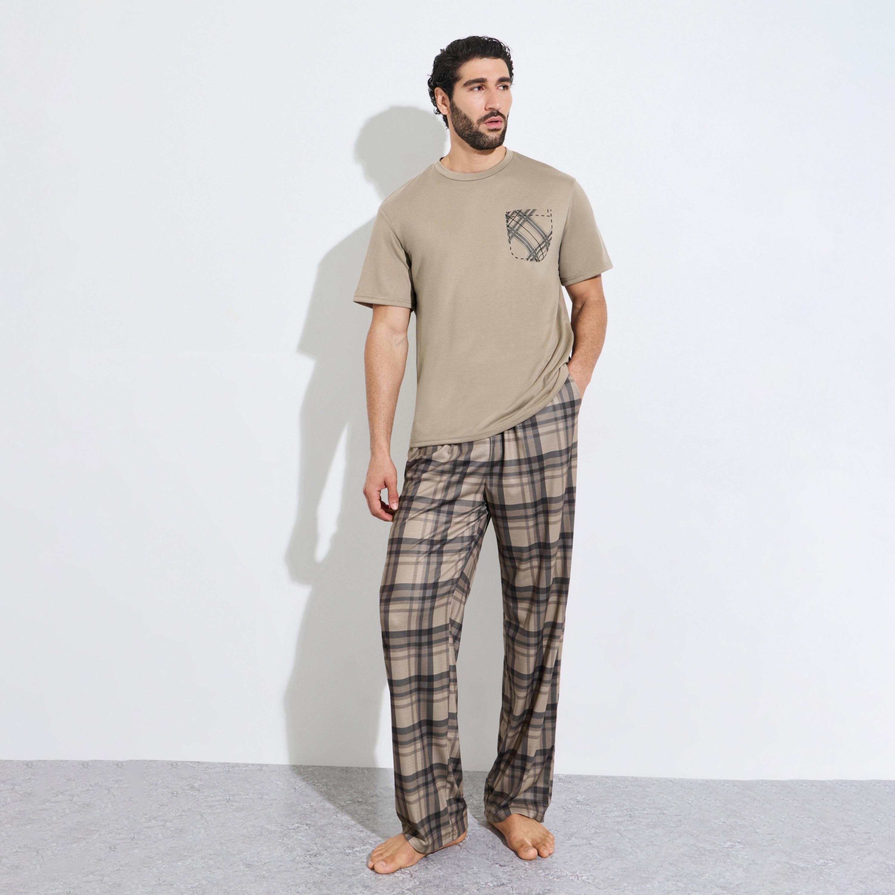 Styli Men Brown Contrast Pocket T-Shirt and Checked Pyjama Set-men-clothing-nightwear-sets-image-1