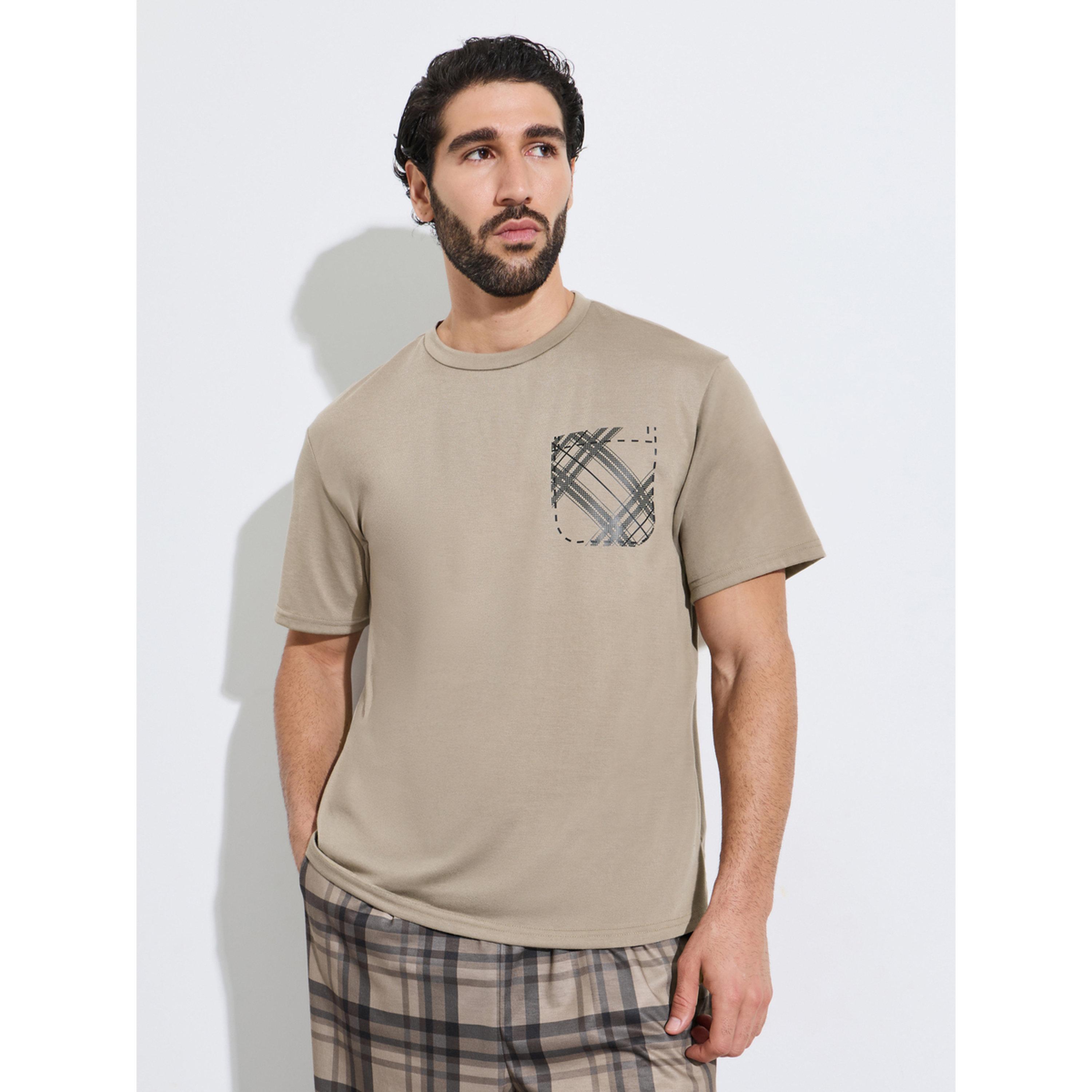 Styli Men Brown Contrast Pocket T-Shirt and Checked Pyjama Set-men-clothing-nightwear-sets-image-2