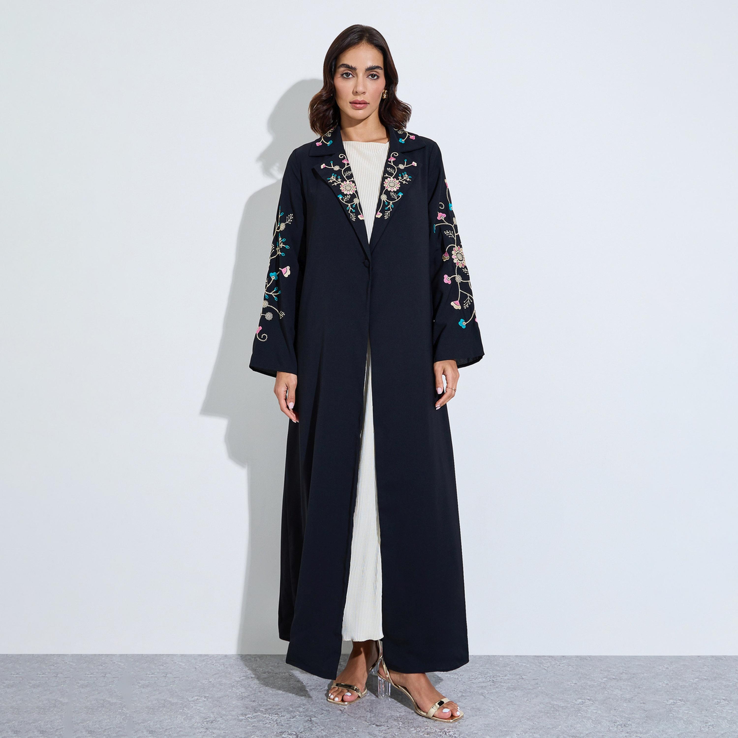 عباية مفتوحة من الأمام بتطريز زهور-women-arabicclothing-abayas-image-1