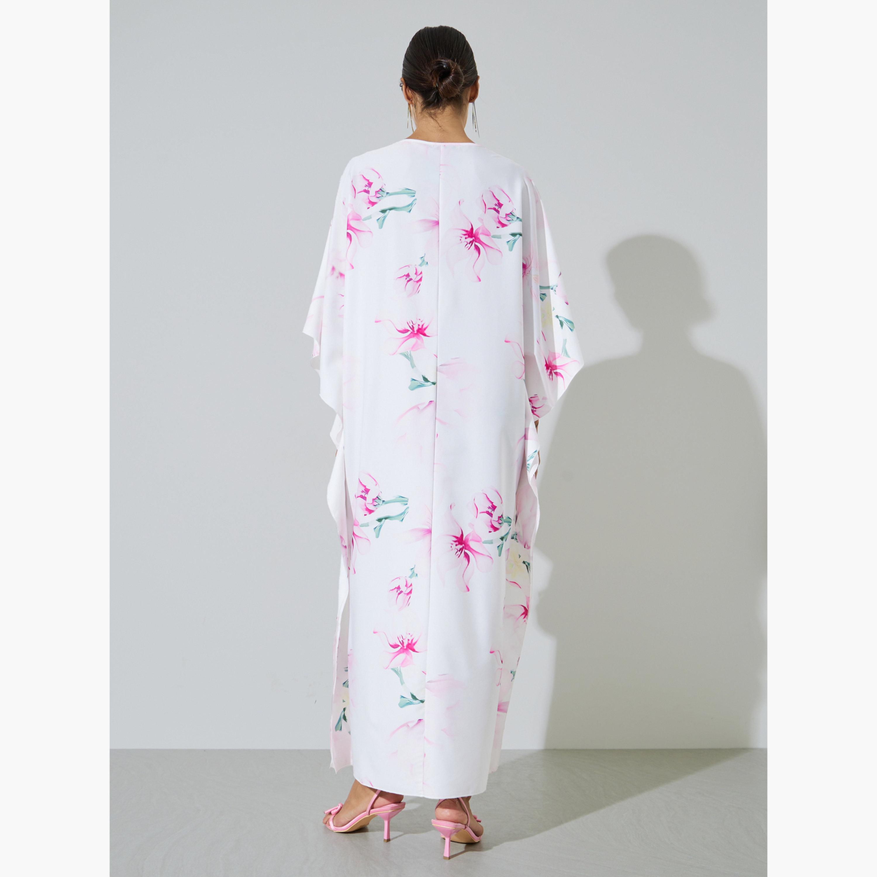 قفطان بياقة مطرزة ومطبع بالزهور متعدد الألوان-women-arabicclothing-kaftan-image-3
