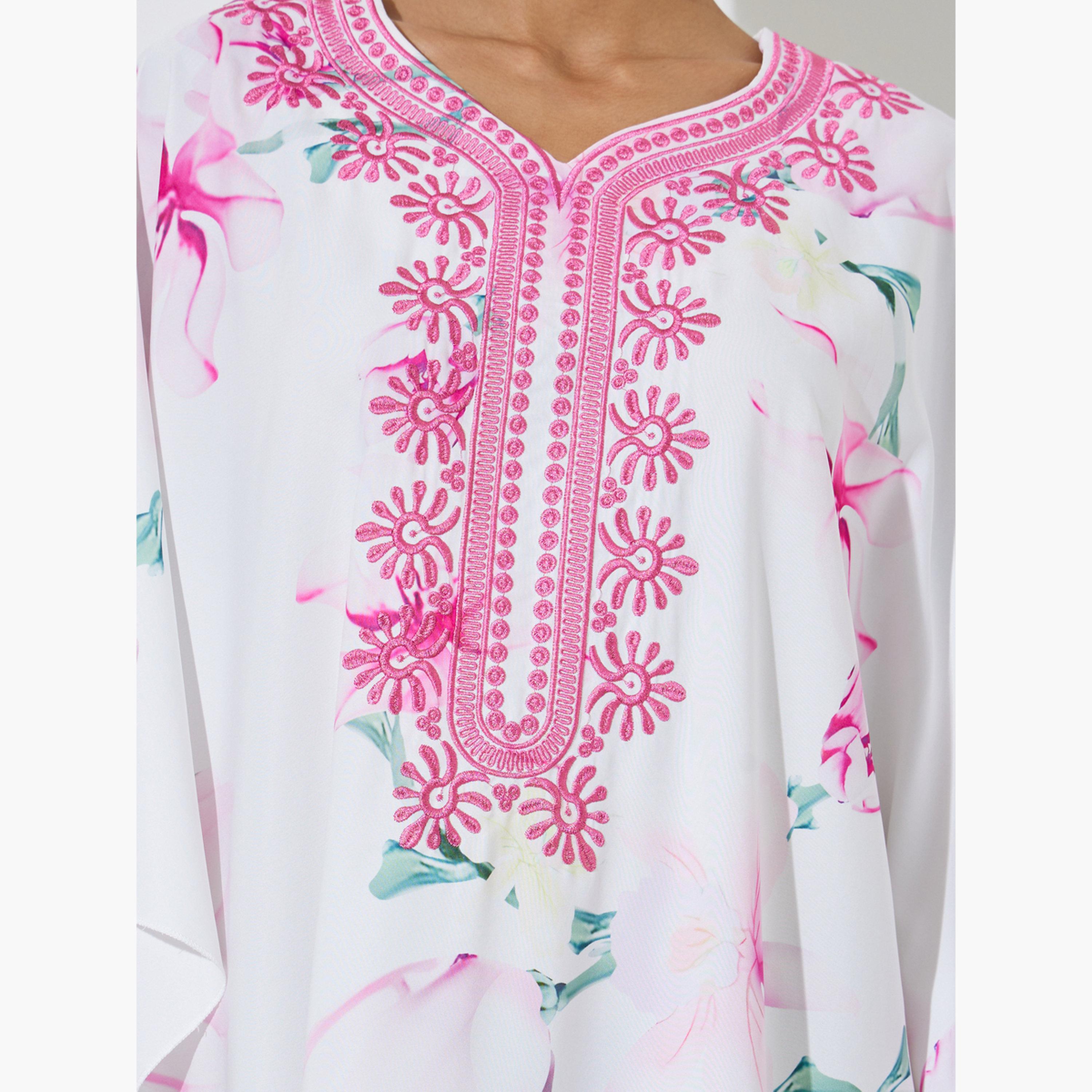 قفطان بياقة مطرزة ومطبع بالزهور متعدد الألوان-women-arabicclothing-kaftan-image-4