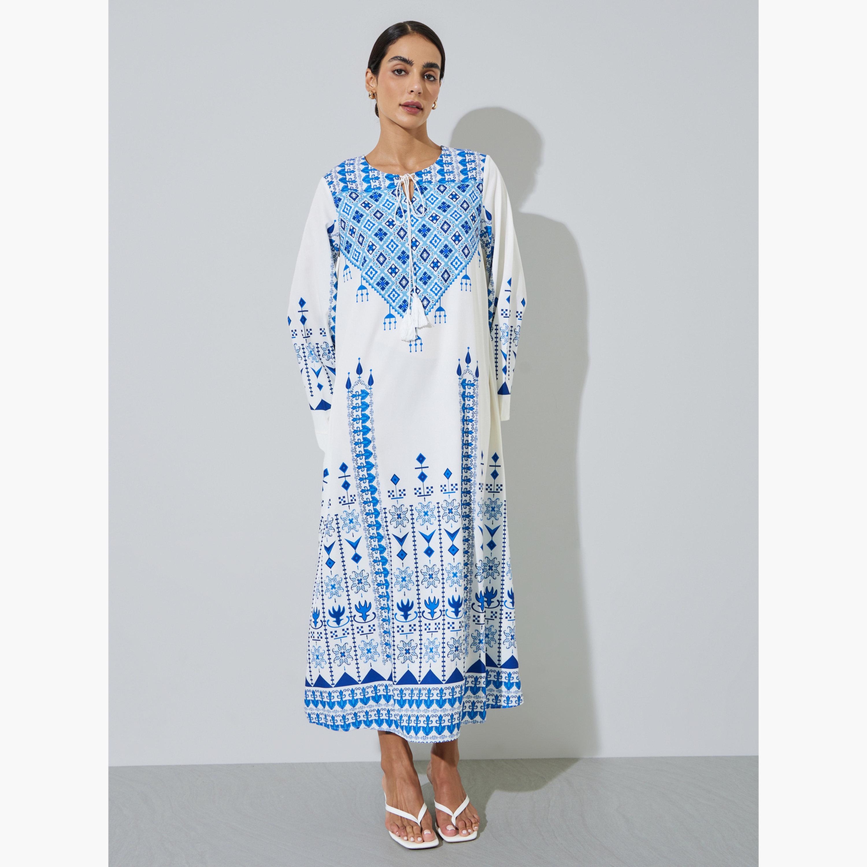جلابية طويلة بأكمام طويلة وطبعة هندسية والأزرق-women-arabicclothing-jalabiyas-image-1