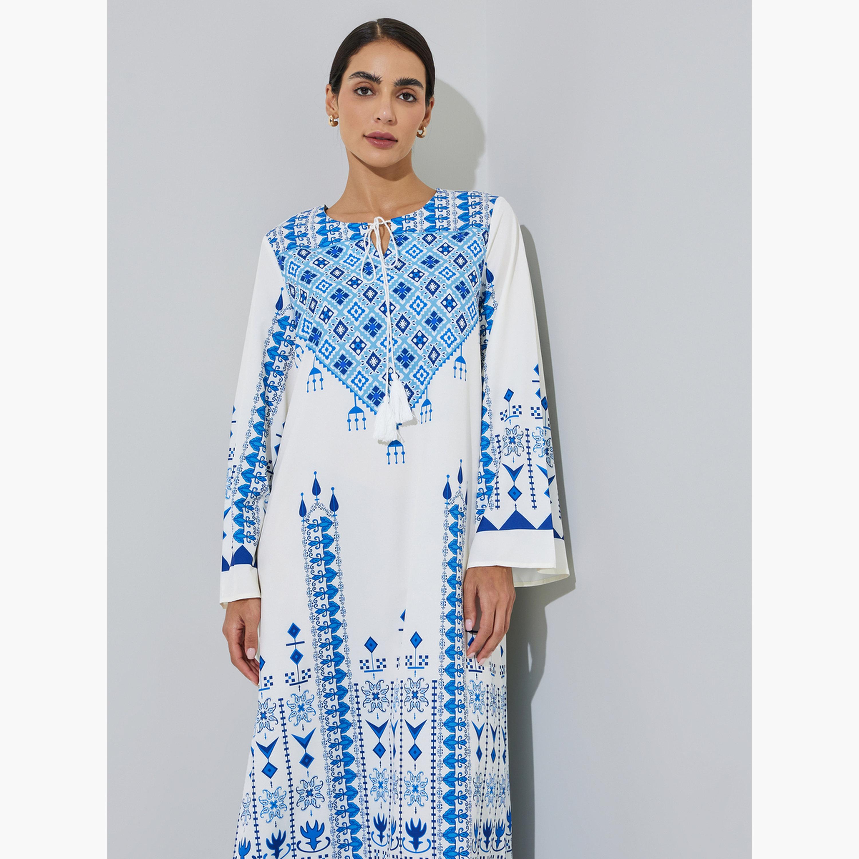 جلابية طويلة بأكمام طويلة وطبعة هندسية والأزرق-women-arabicclothing-jalabiyas-image-2
