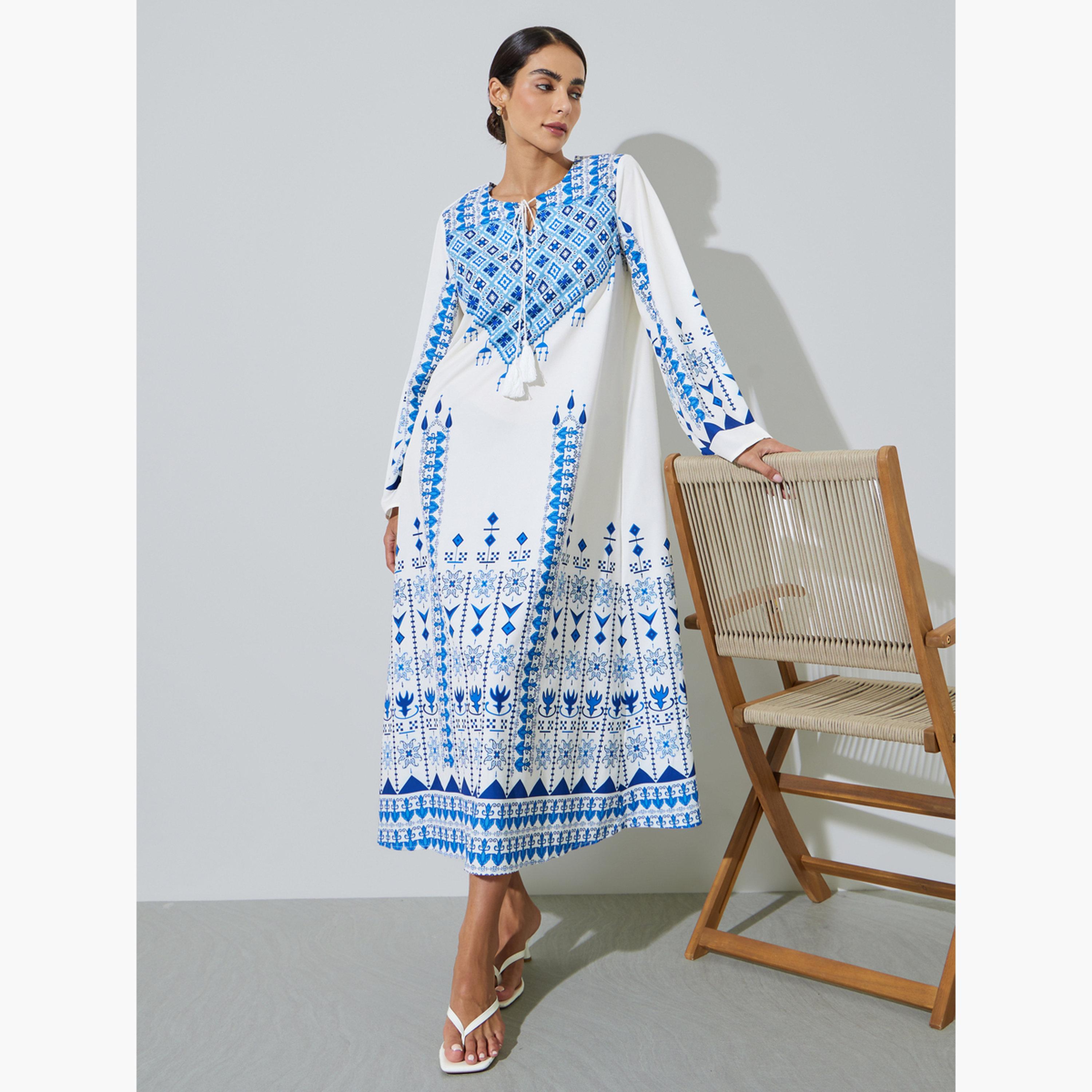 جلابية طويلة بأكمام طويلة وطبعة هندسية والأزرق-women-arabicclothing-jalabiyas-image-3