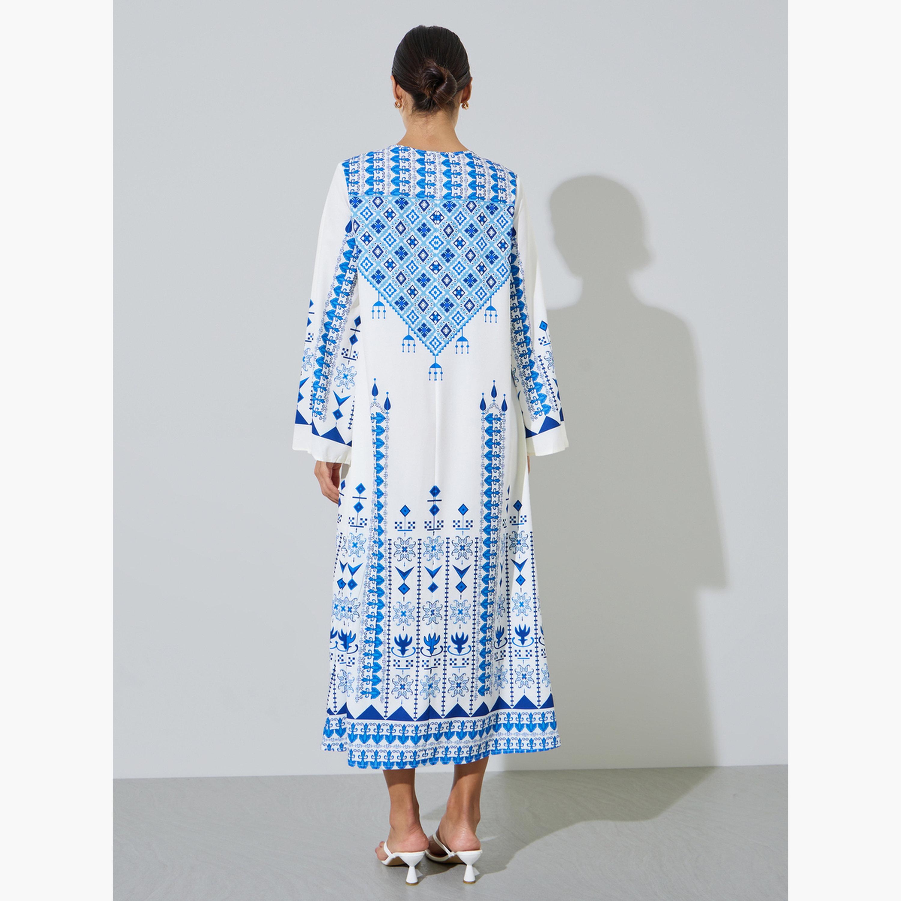 جلابية طويلة بأكمام طويلة وطبعة هندسية والأزرق-women-arabicclothing-jalabiyas-image-4