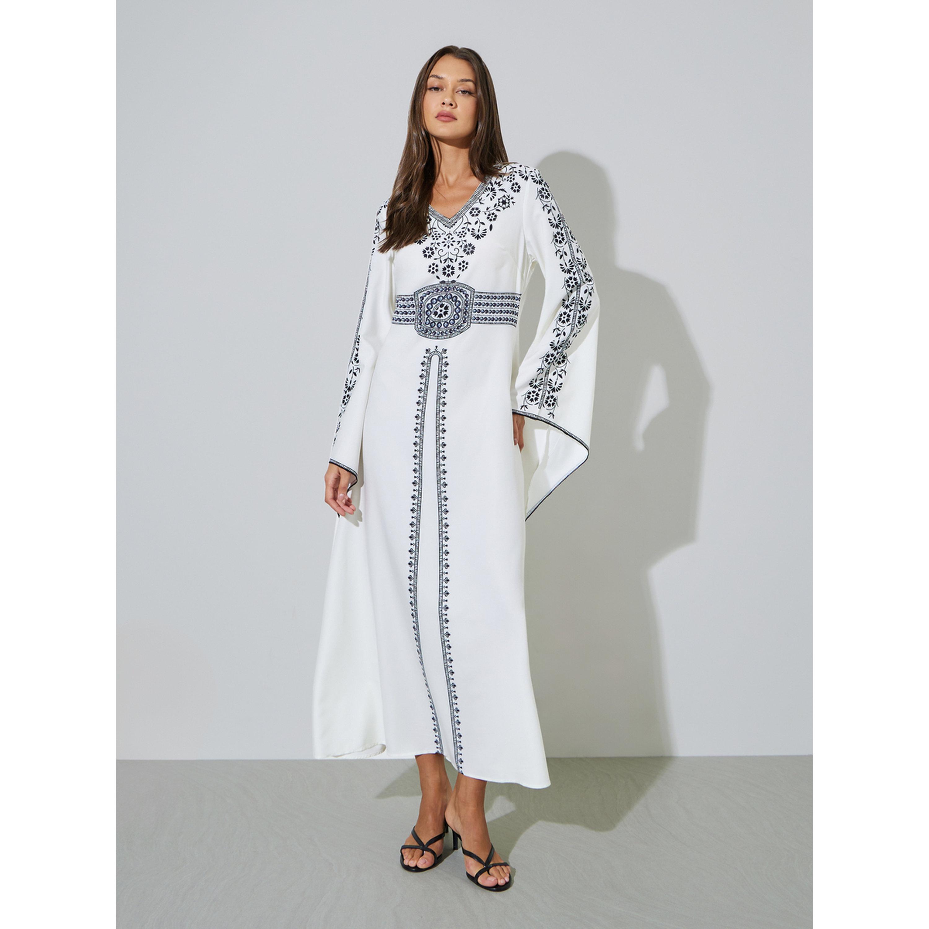 Styli White Printed V-Neck Maxi Jalabiya-women-arabicclothing-jalabiyas-image-1
