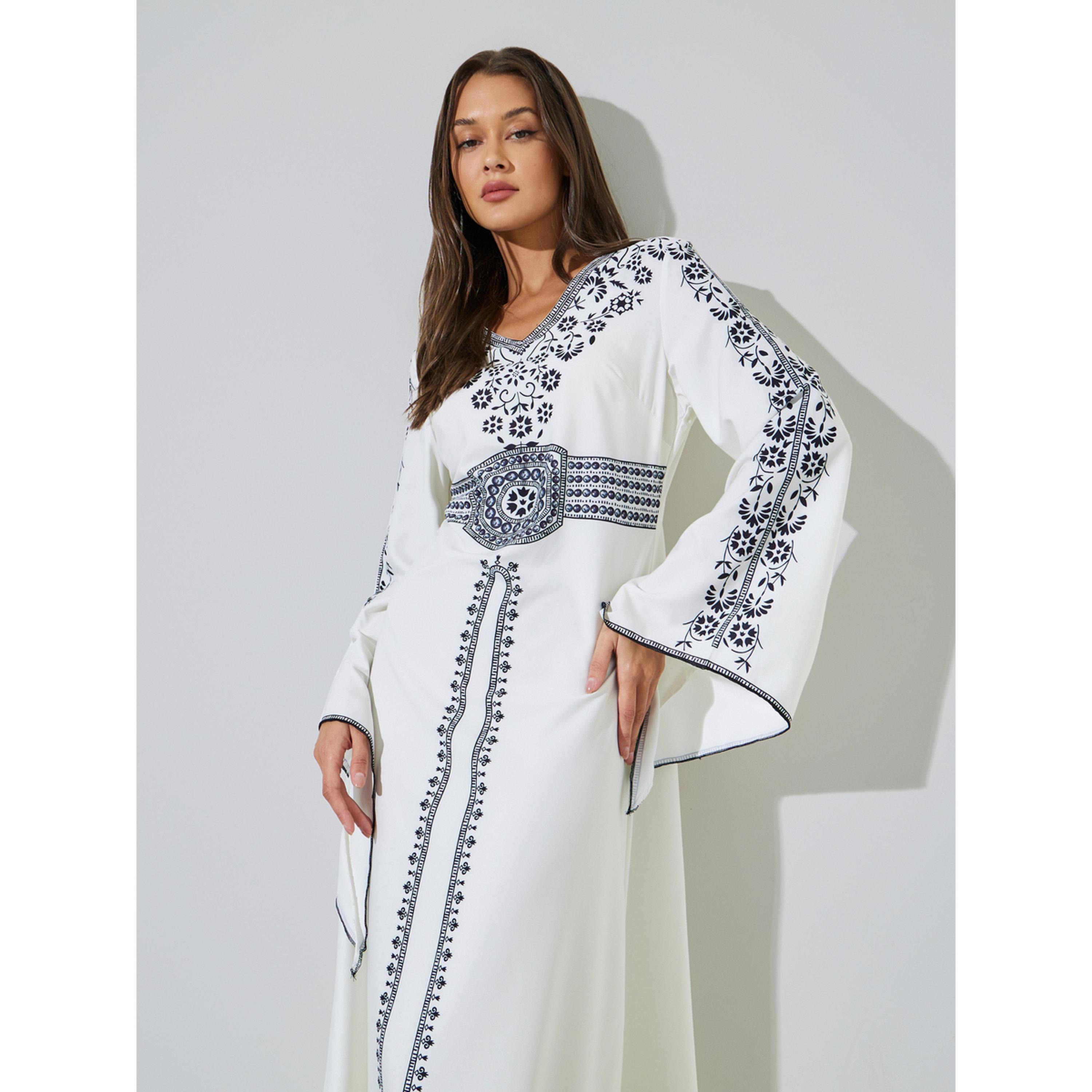 Styli White Printed V-Neck Maxi Jalabiya-women-arabicclothing-jalabiyas-image-2