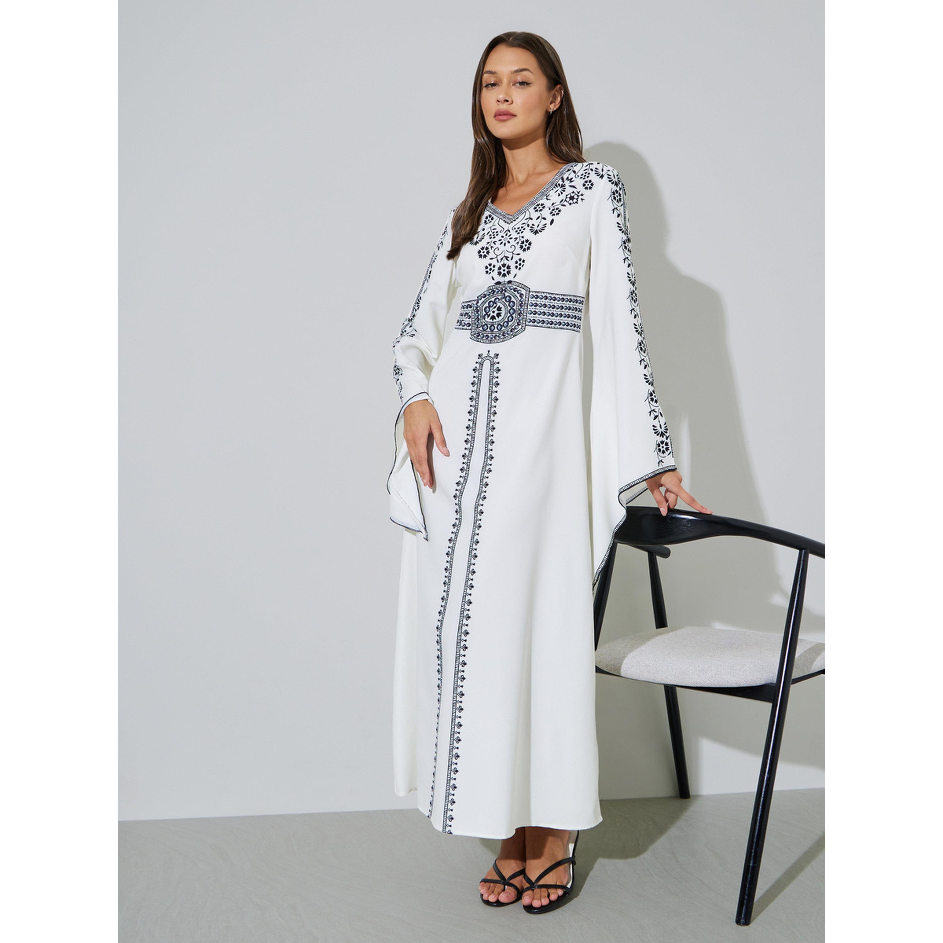Styli White Printed V-Neck Maxi Jalabiya-women-arabicclothing-jalabiyas-image-3