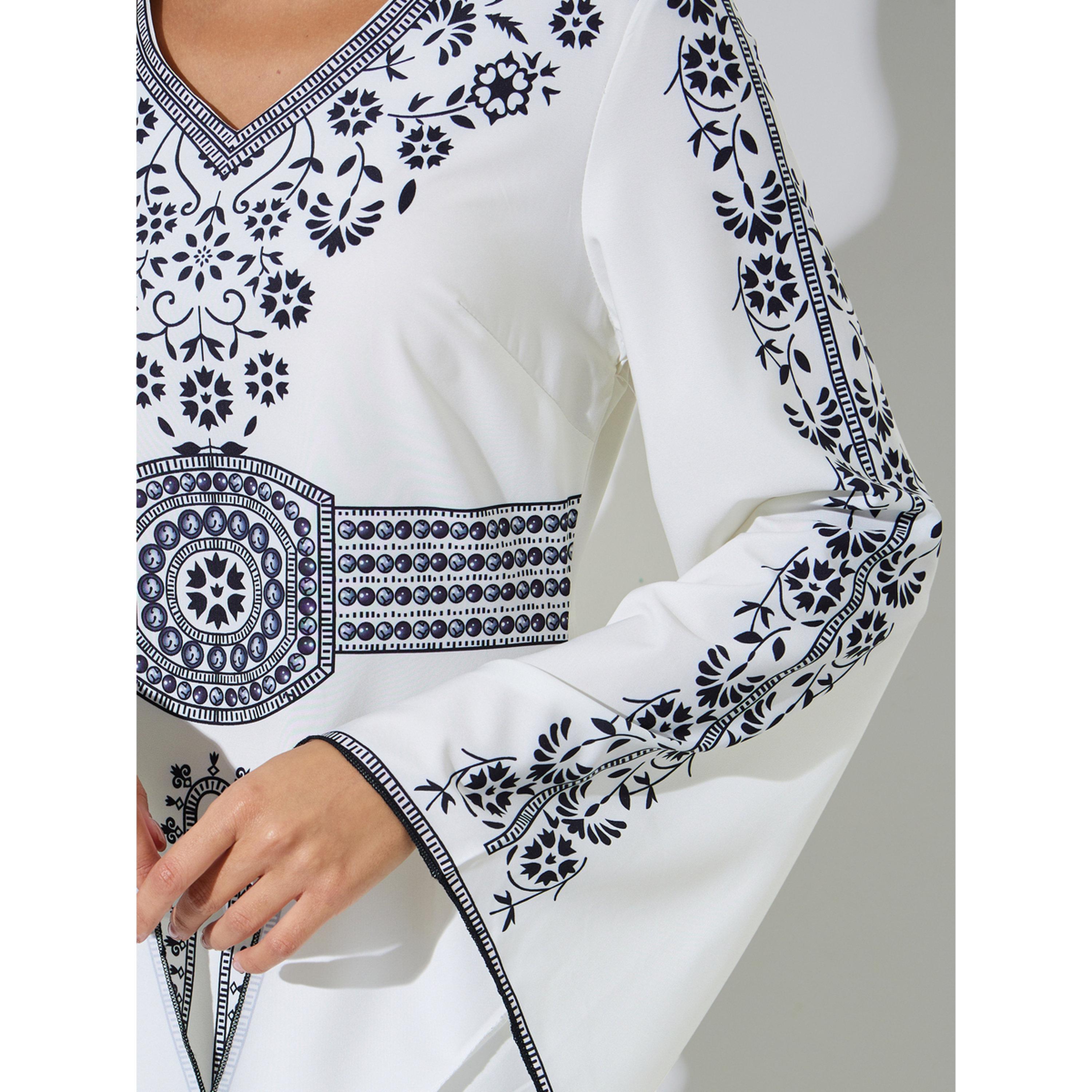 Styli White Printed V-Neck Maxi Jalabiya-women-arabicclothing-jalabiyas-image-5