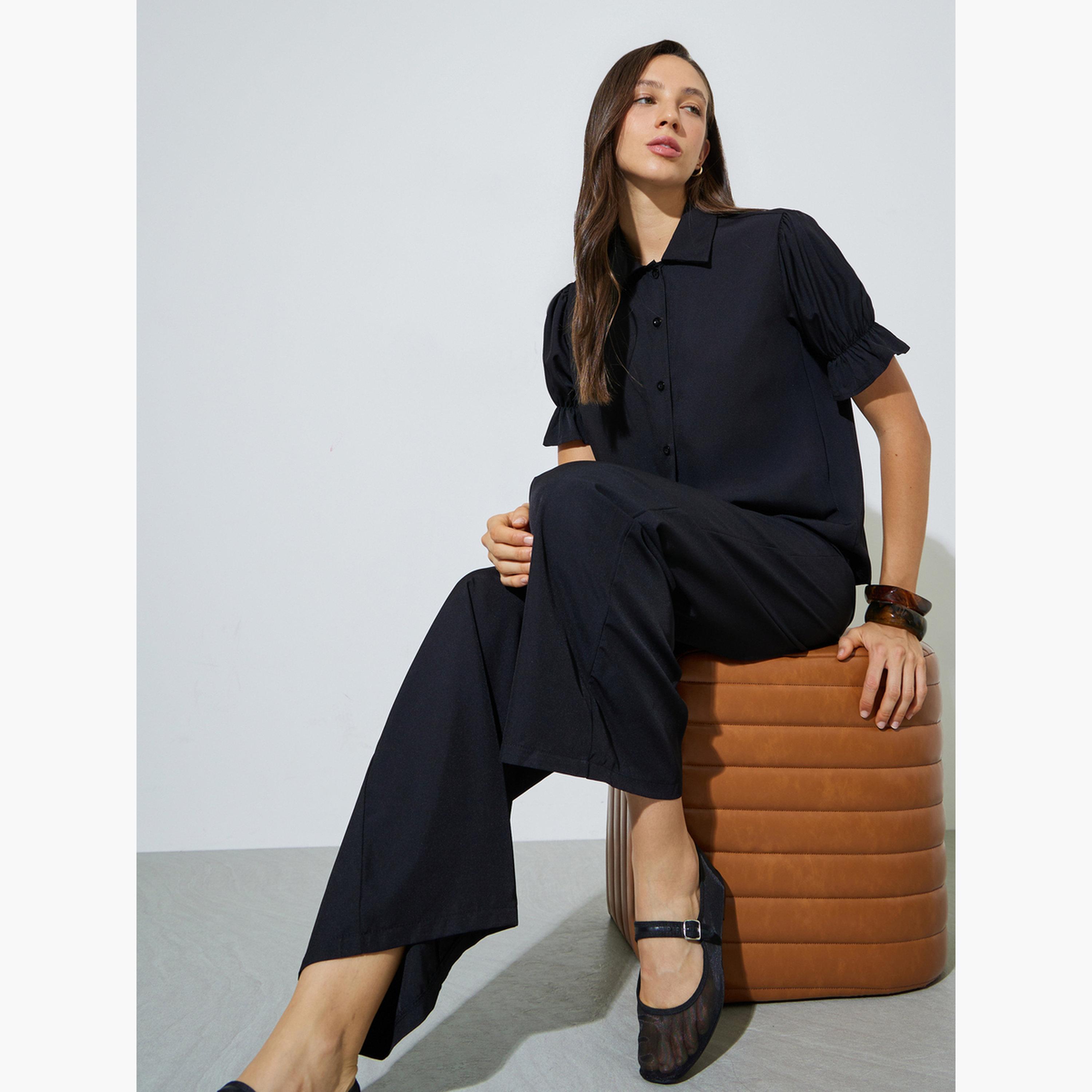 Styli Black Solid Cuffed Sleeve Top and Wide Leg Pants Set-women-clothing-coordsets-image-2