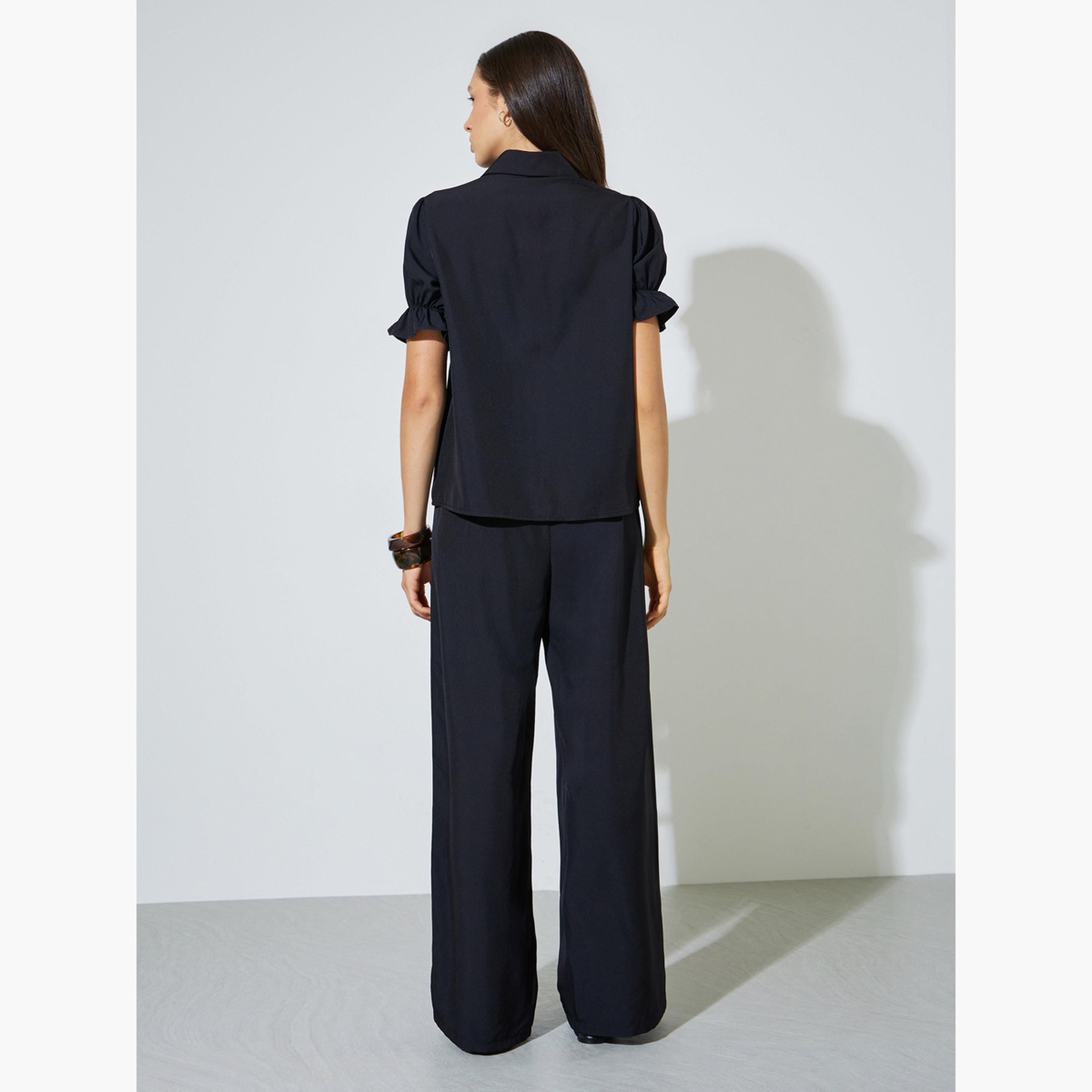 Styli Black Solid Cuffed Sleeve Top and Wide Leg Pants Set-women-clothing-coordsets-image-4