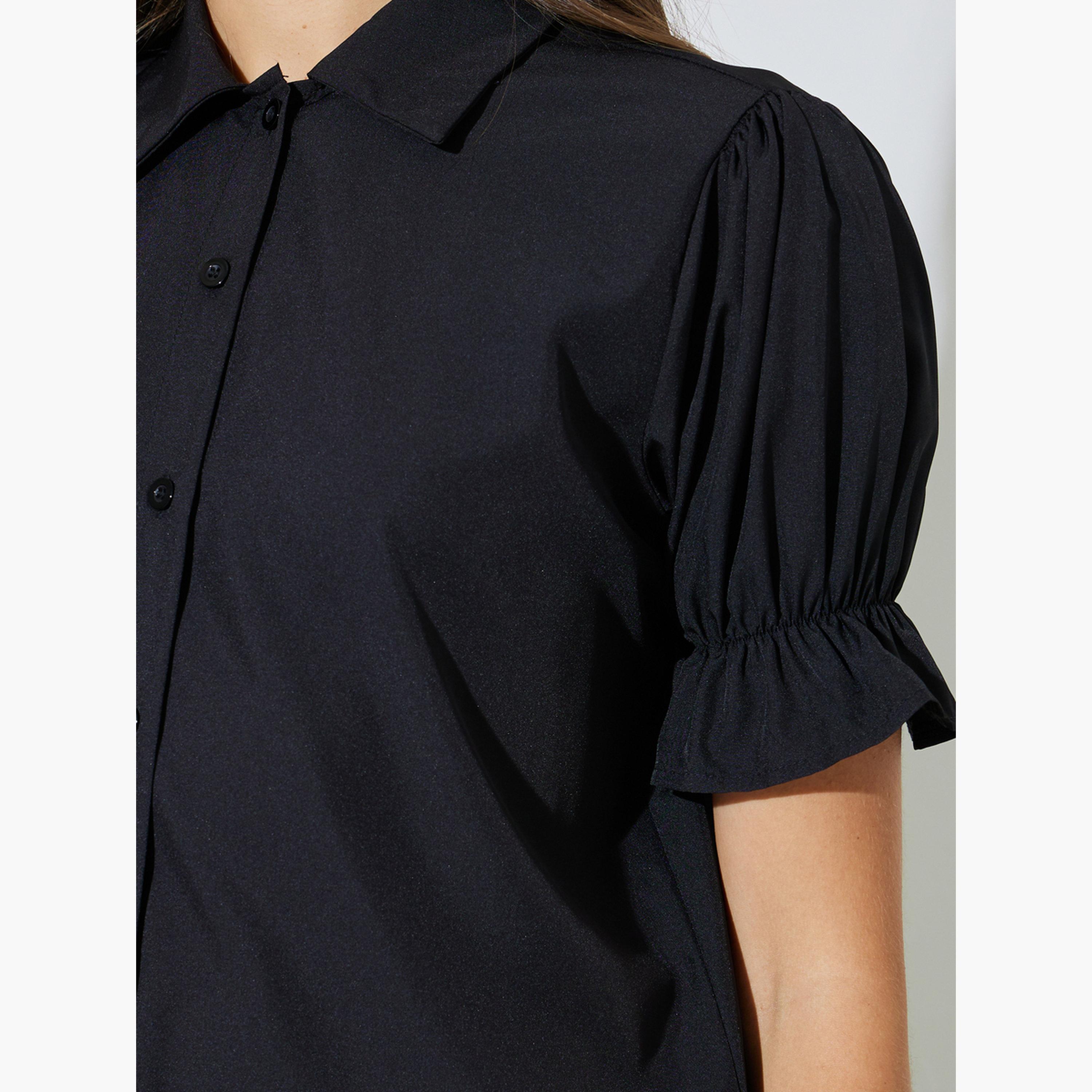 ستايلي - طقم أسود سادة مكون من بلوزة بأكمام مطوية وبنطال واسع الساقين-women-clothing-coordsets-image-5