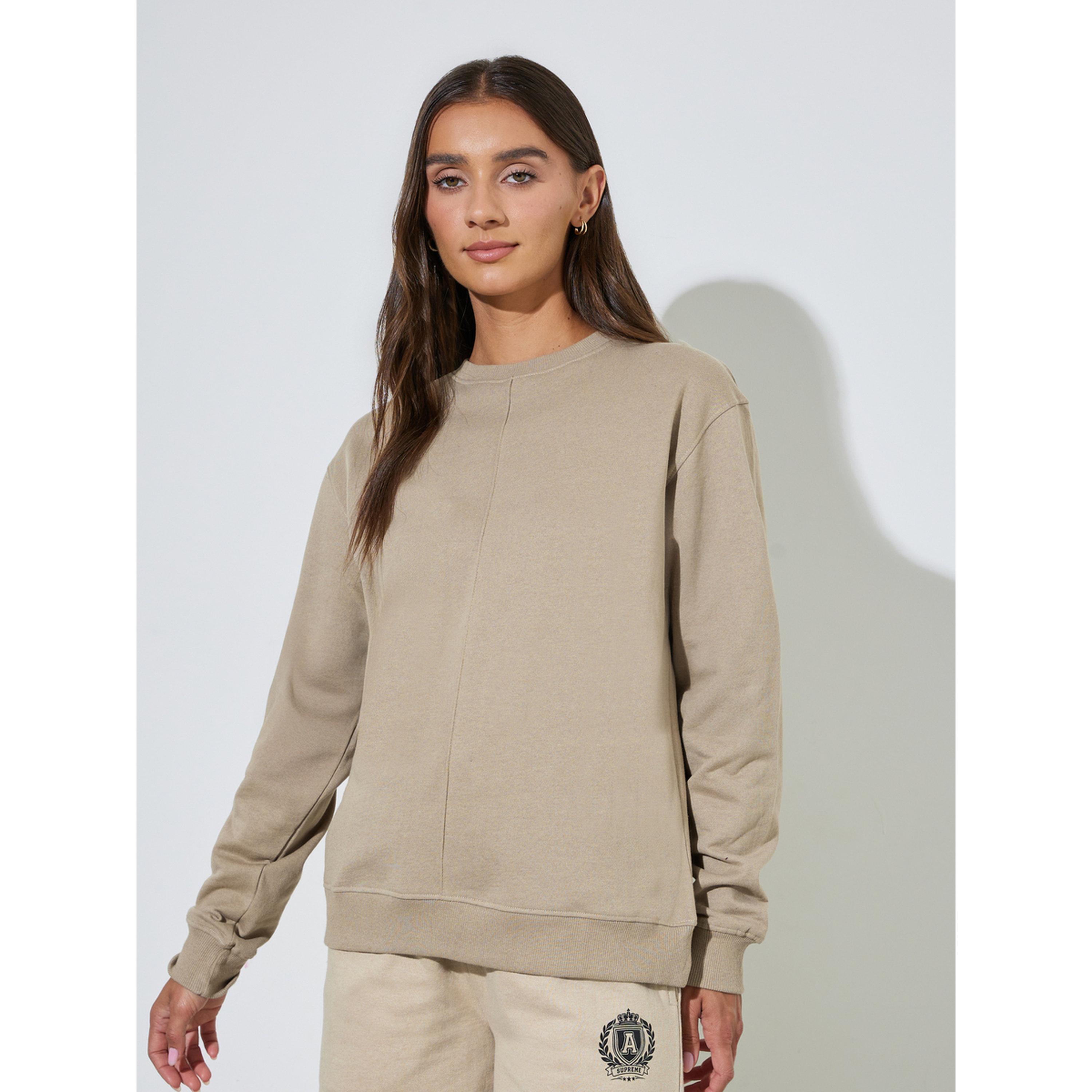 Styli beige Solid Round Neck Regular Fit Sweatshirt-women-clothing-hoodiesandsweatshirts-sweatshirts-image-1