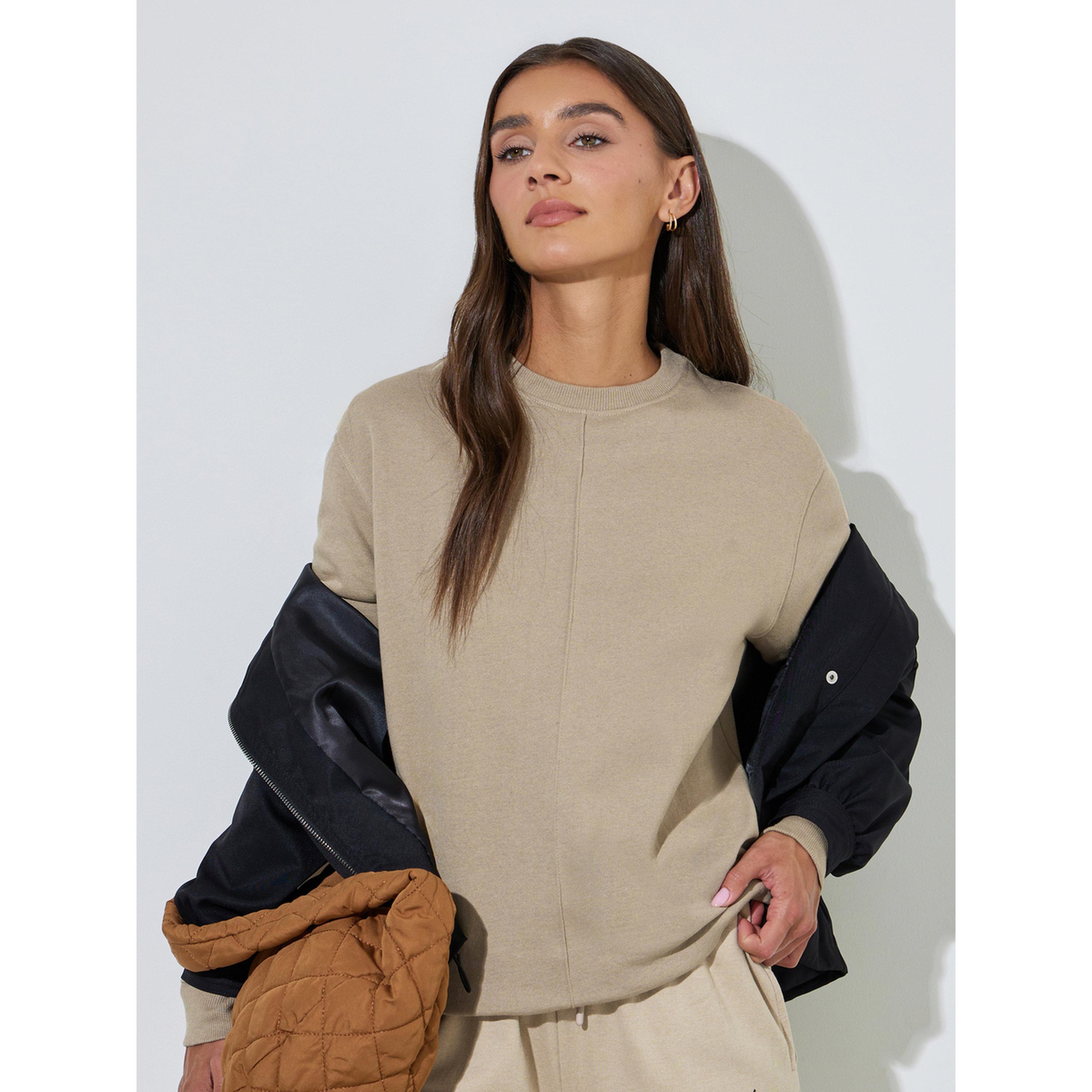 Styli beige Solid Round Neck Regular Fit Sweatshirt-women-clothing-hoodiesandsweatshirts-sweatshirts-image-3