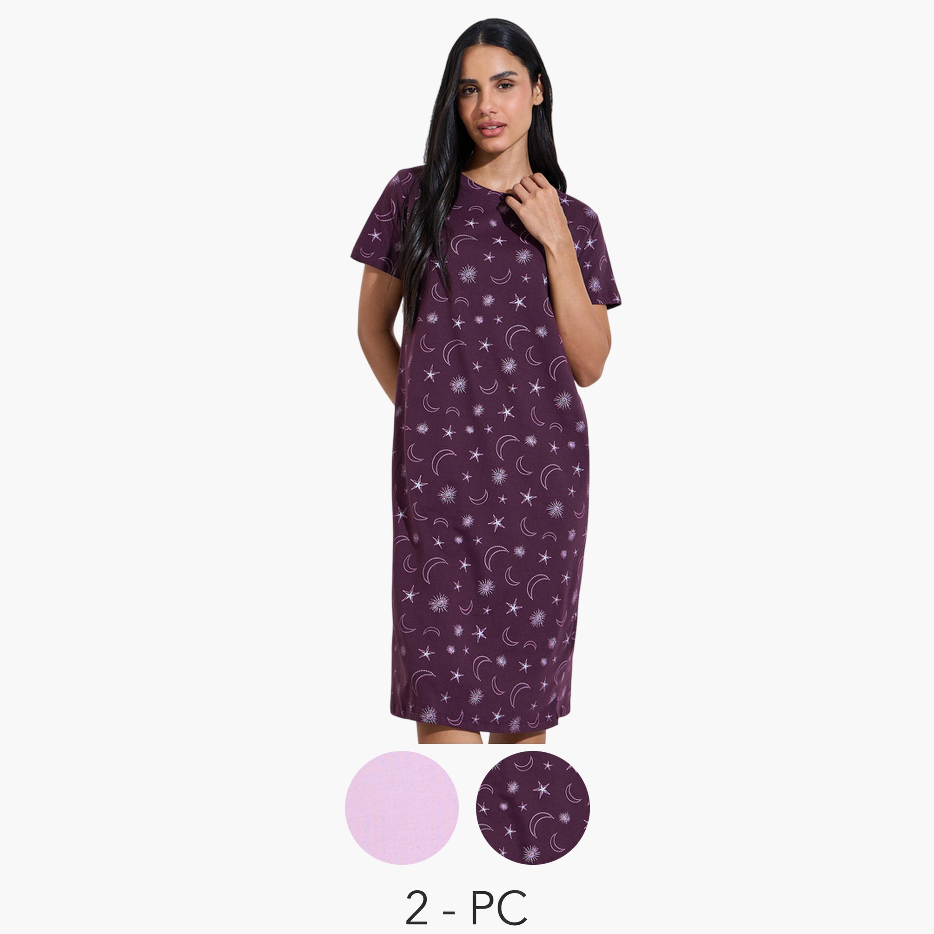 عبوة من قطعتين - قميص نوم ميدي بأكمام قصيرة وطبعة النجوم والقمر متعدد الألوان-women-clothing-nightwear-nighties-image-1
