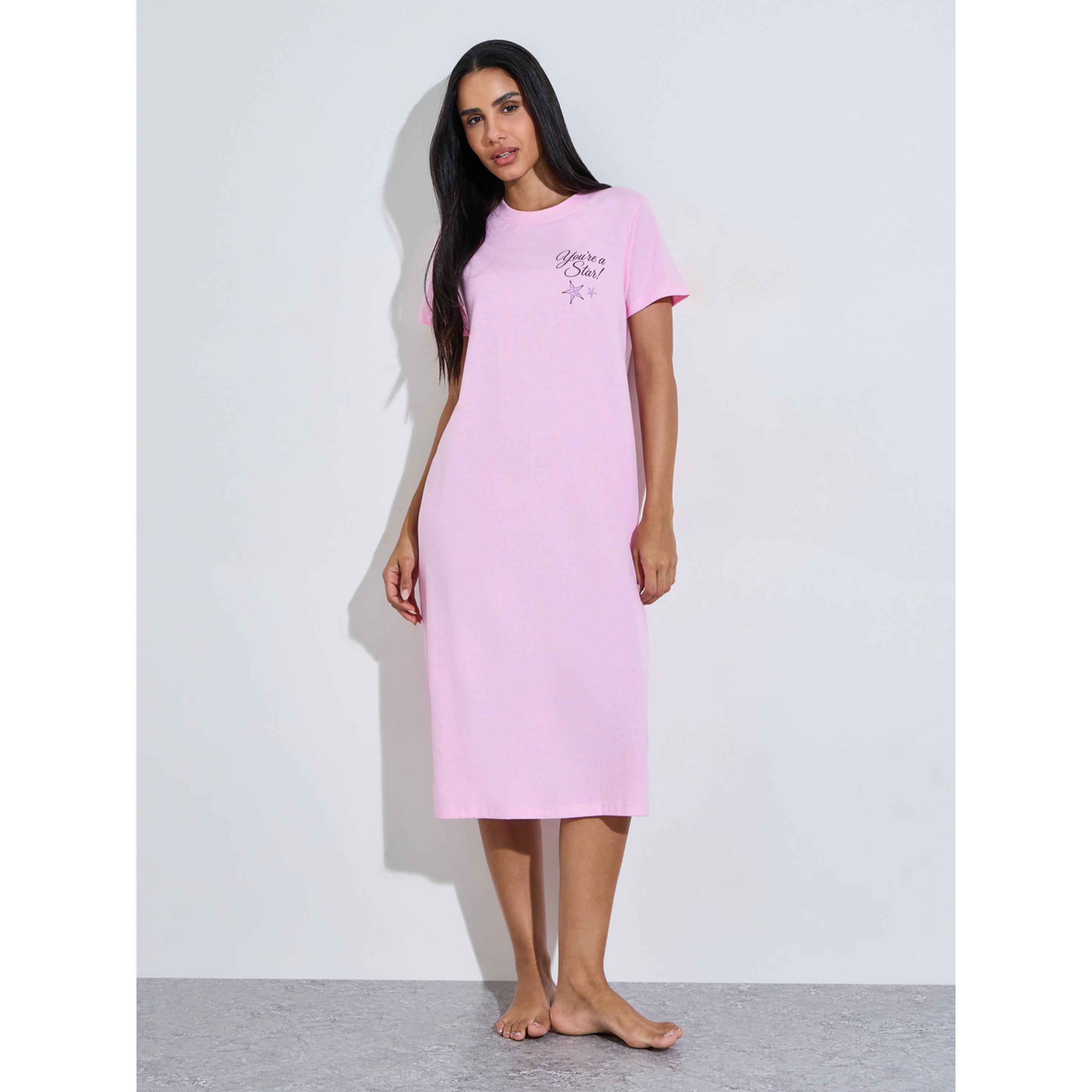 عبوة من قطعتين - قميص نوم ميدي بأكمام قصيرة وطبعة النجوم والقمر متعدد الألوان-women-clothing-nightwear-nighties-image-6