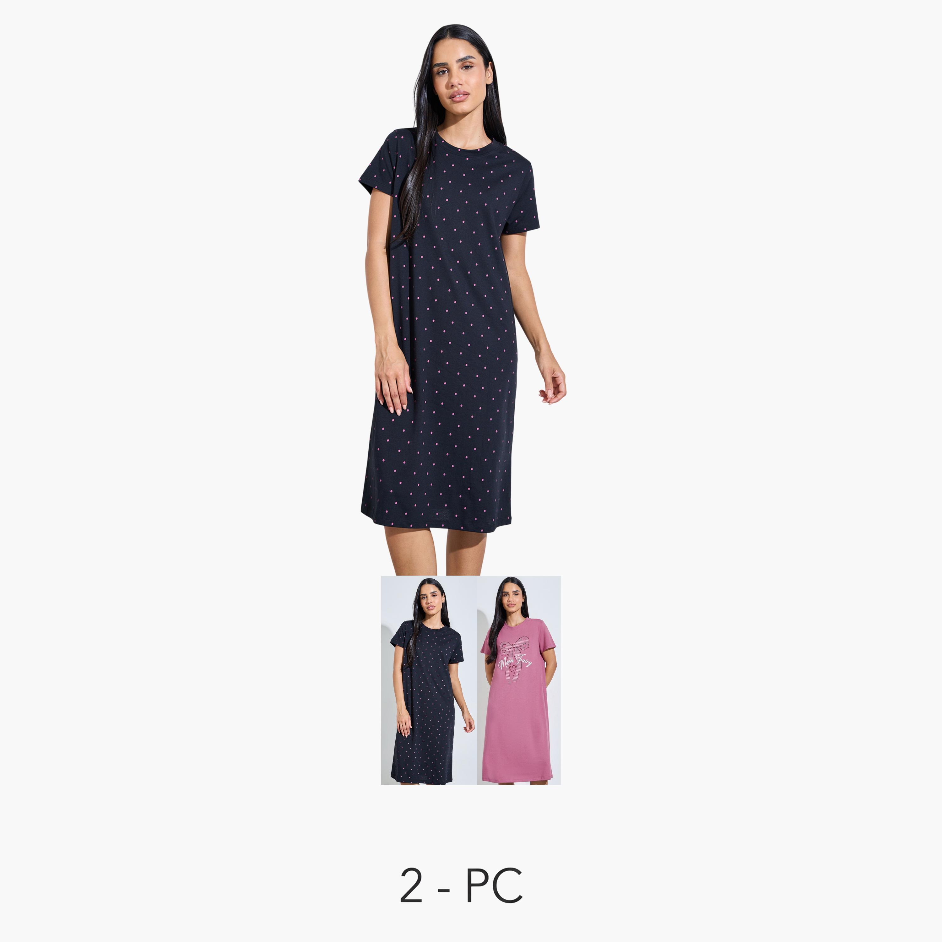 قميص نوم تيشيرت بأكمام قصيرة ومطبوع طقم من قطعتين-women-clothing-nightwear-nighties-image-1