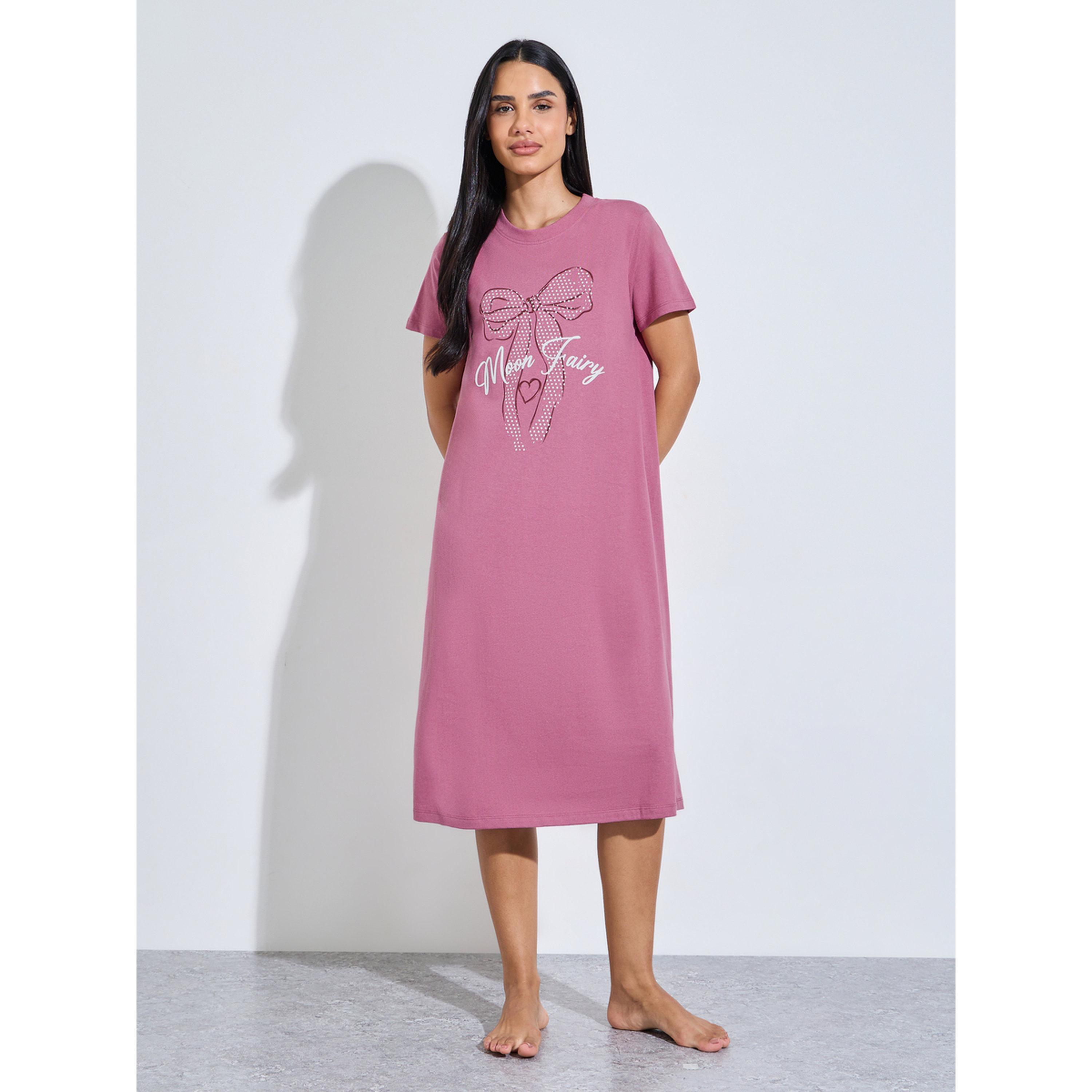 قميص نوم تيشيرت بأكمام قصيرة ومطبوع طقم من قطعتين-women-clothing-nightwear-nighties-image-4