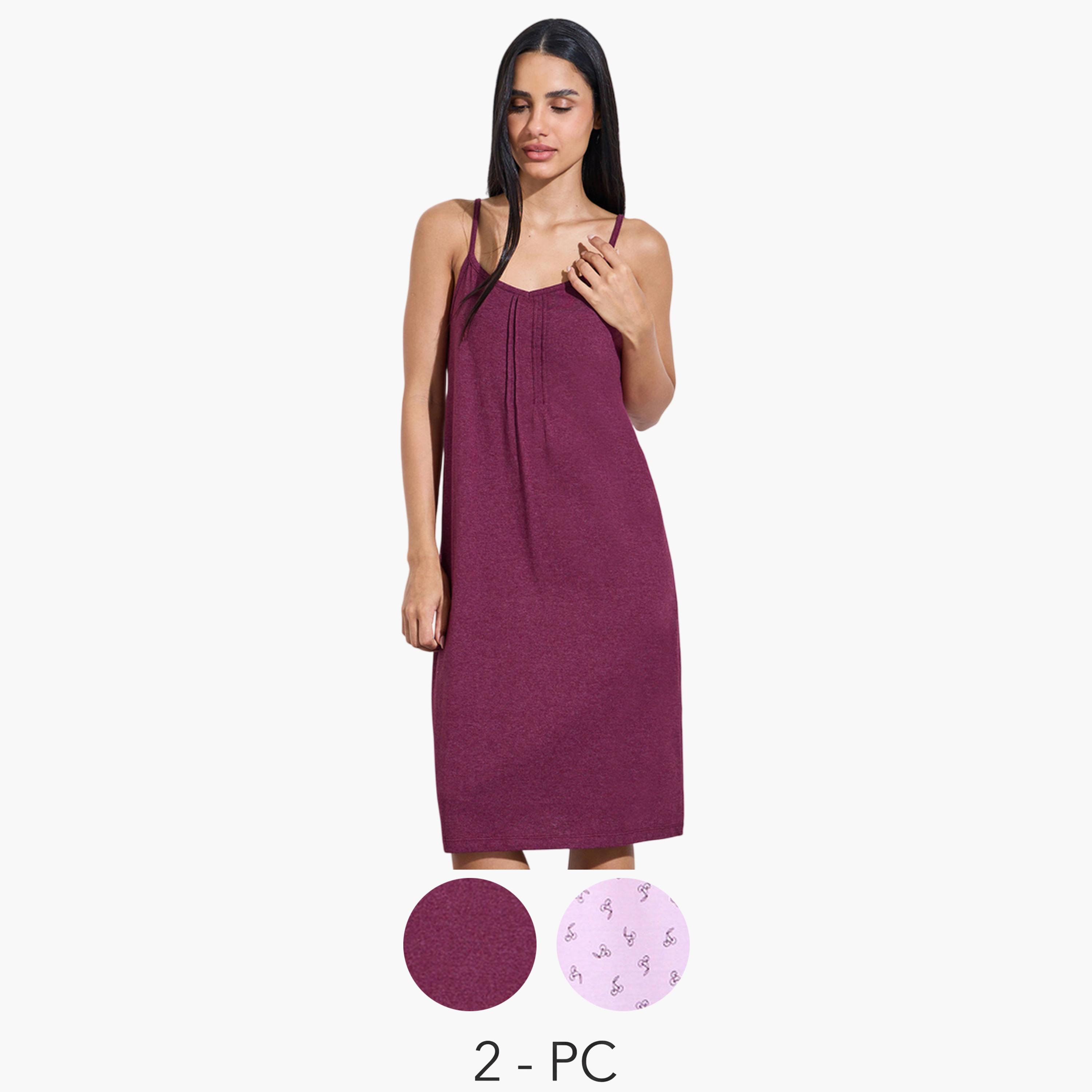 Styli PACK OF 2 - CHERRY AOP & SOLID PINTUCK DETAIL SLIPDRESS - KNEE-women-clothing-nightwear-nighties-image-1