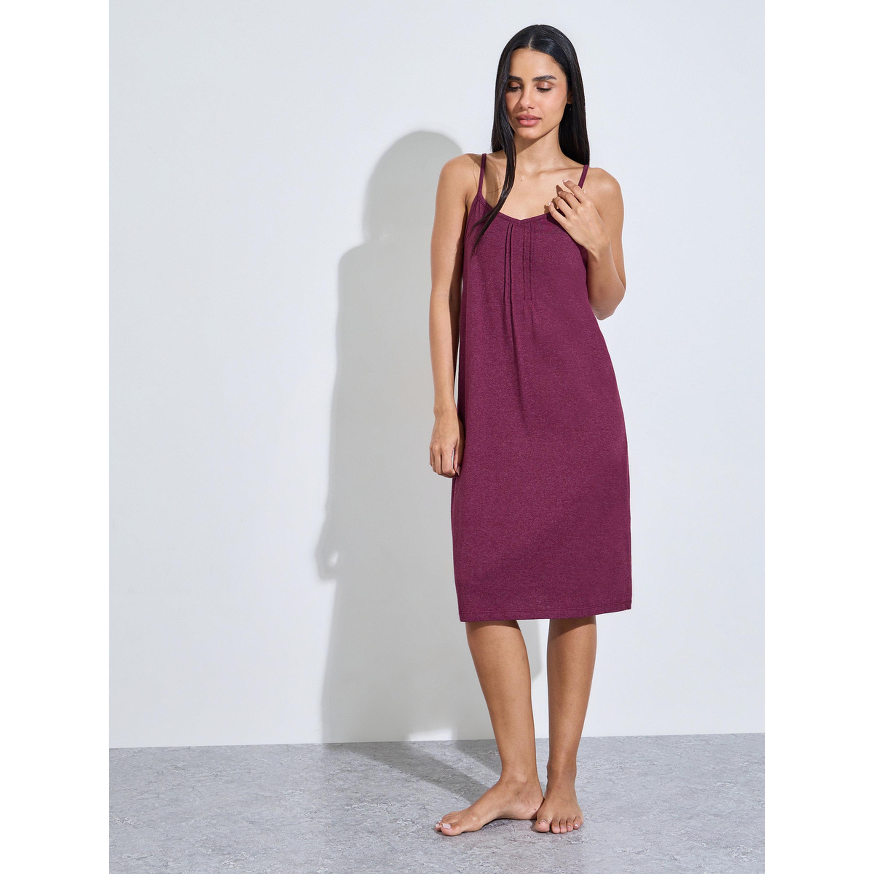 Styli PACK OF 2 - CHERRY AOP & SOLID PINTUCK DETAIL SLIPDRESS - KNEE-women-clothing-nightwear-nighties-image-2