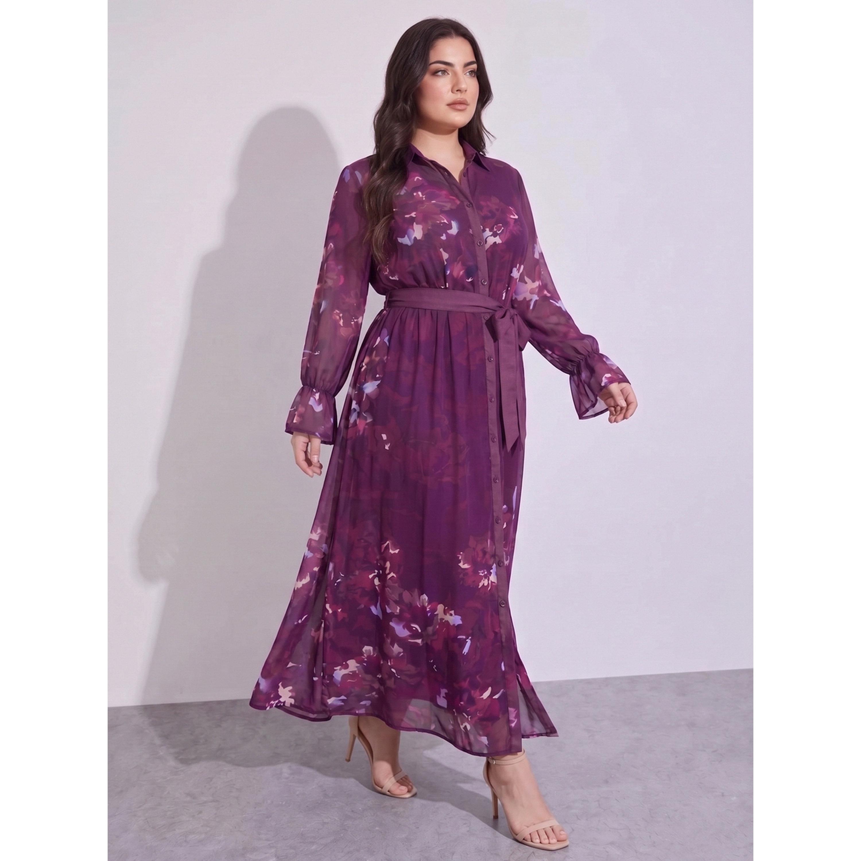 ستايلي - فستان ماكسي بأكمام طويلة زينة الزهور تصميم A-women-clothing-dresses-image-1
