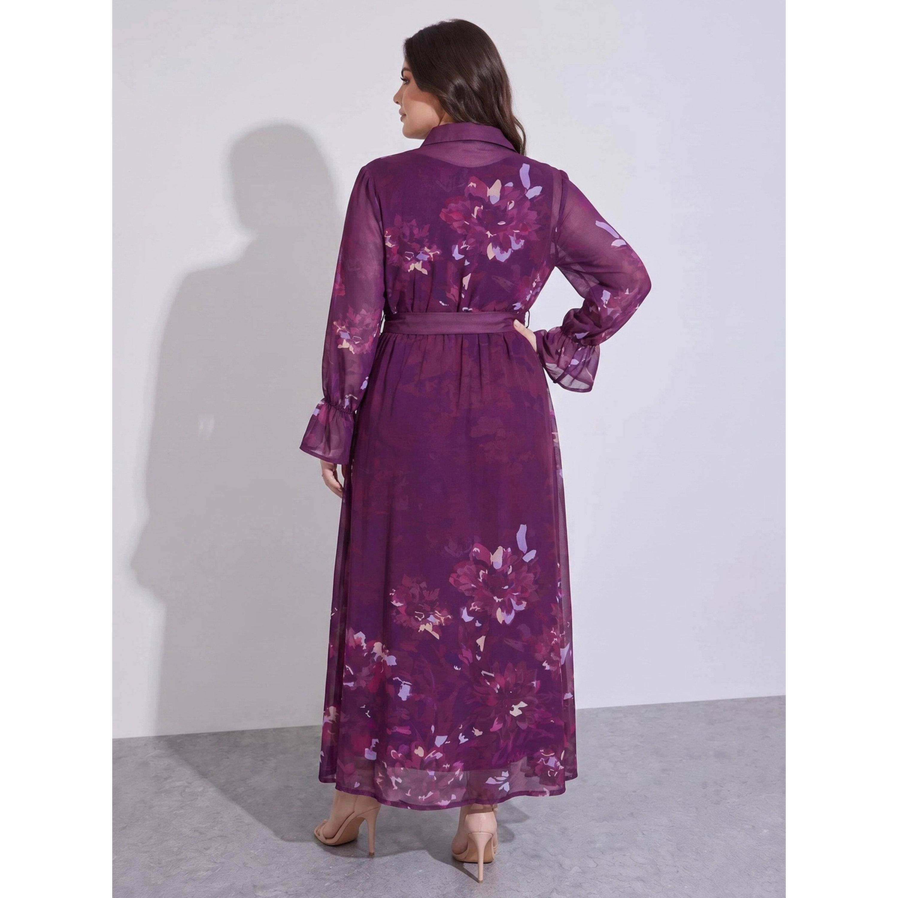 ستايلي - فستان ماكسي بأكمام طويلة زينة الزهور تصميم A-women-clothing-dresses-image-3