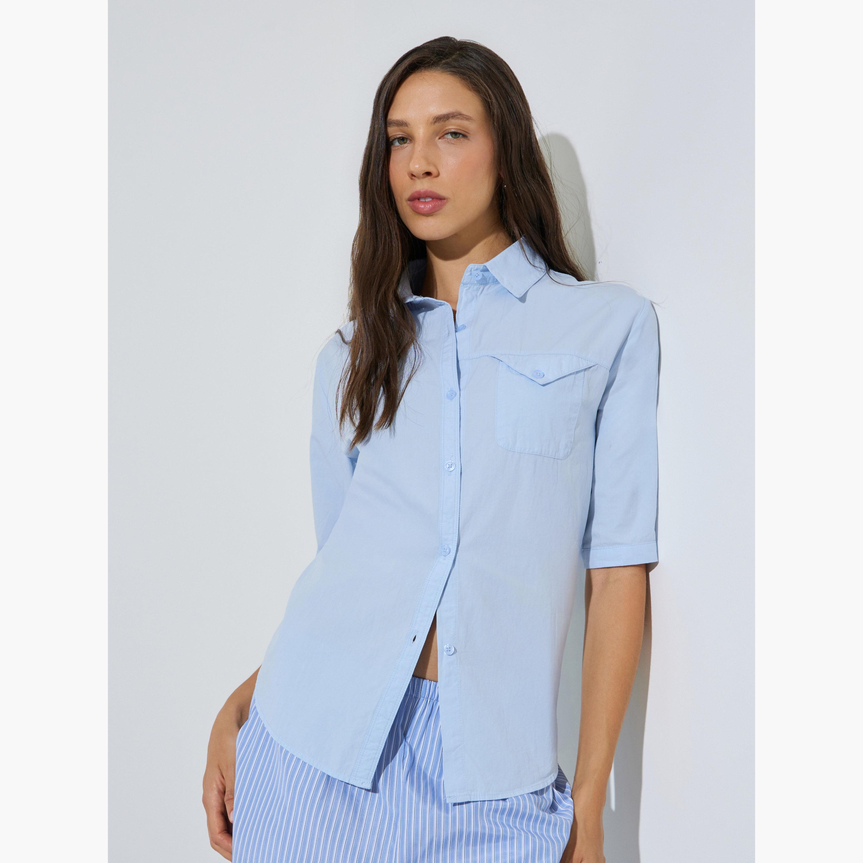 بلوزة بقصة عادية بأكمام قصيرة-women-clothing-shirtsandblouses-shirts-image-1