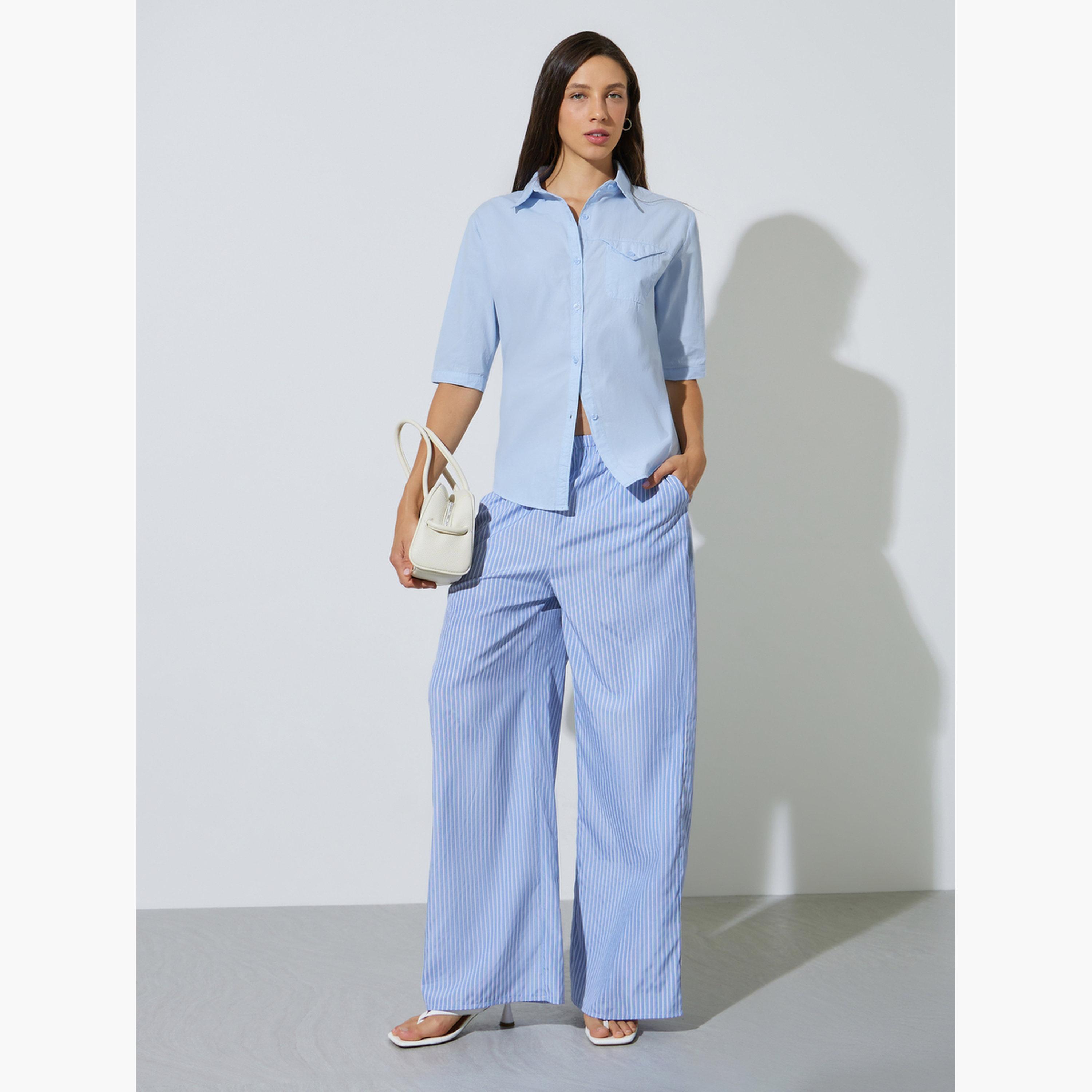 Styli Blue Short Sleeve Regular Fit Shirt-women-clothing-shirtsandblouses-shirts-image-2