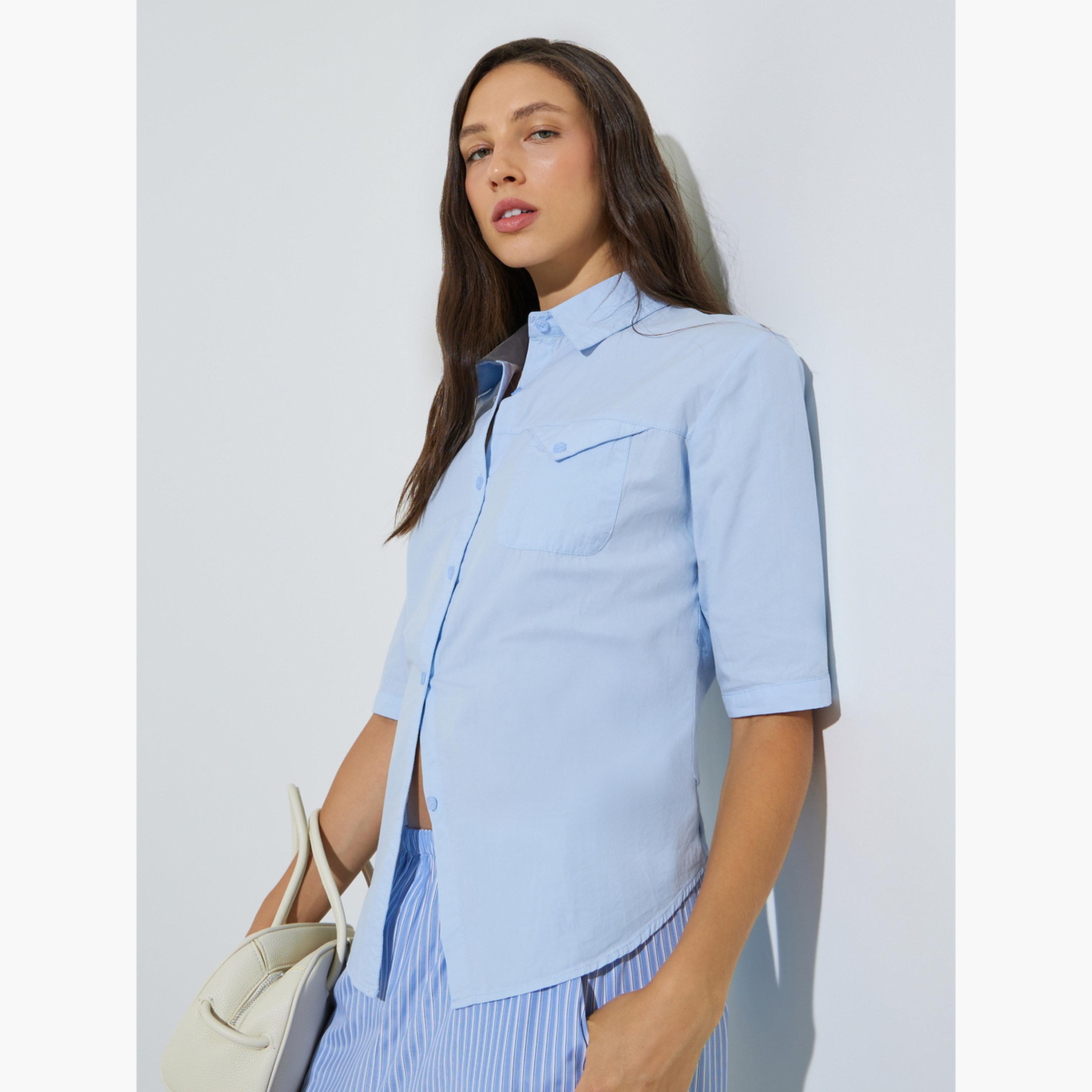 Styli Blue Short Sleeve Regular Fit Shirt-women-clothing-shirtsandblouses-shirts-image-3