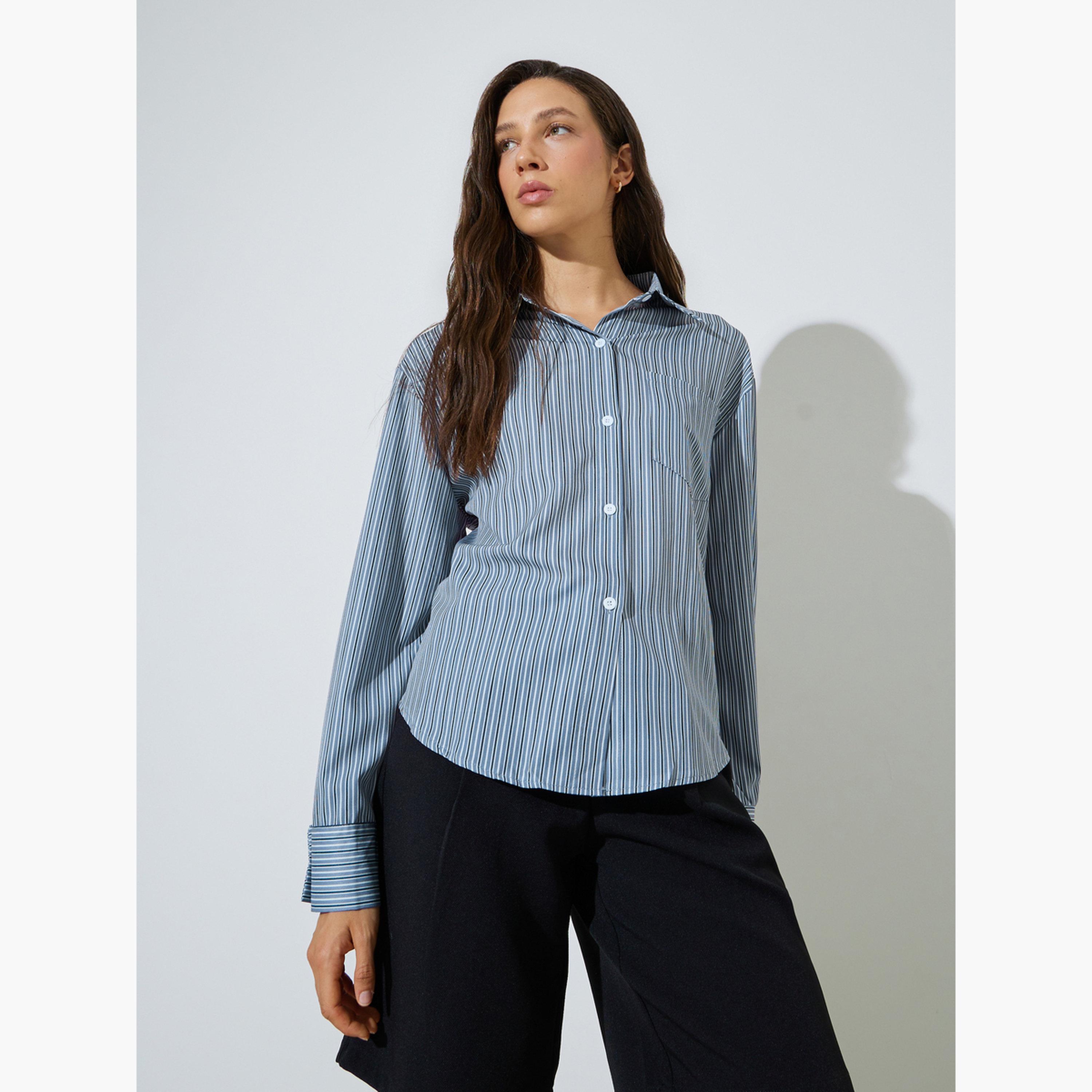 ستايلي - قميص أزرق مخطط بأكمام طويلة-women-clothing-shirtsandblouses-shirts-image-1