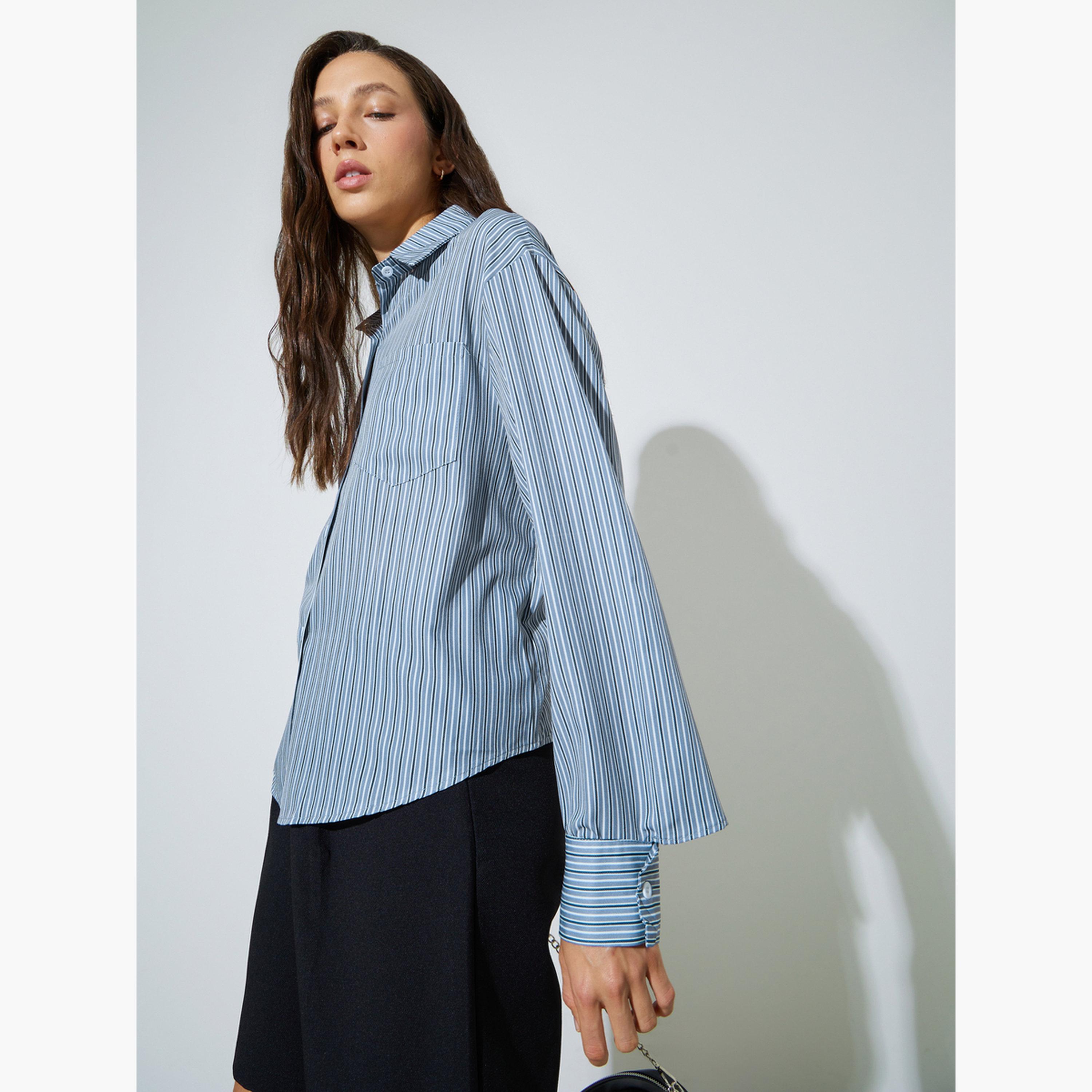 Styli Blue Striped Long Sleeves Shirt-women-clothing-shirtsandblouses-shirts-image-3