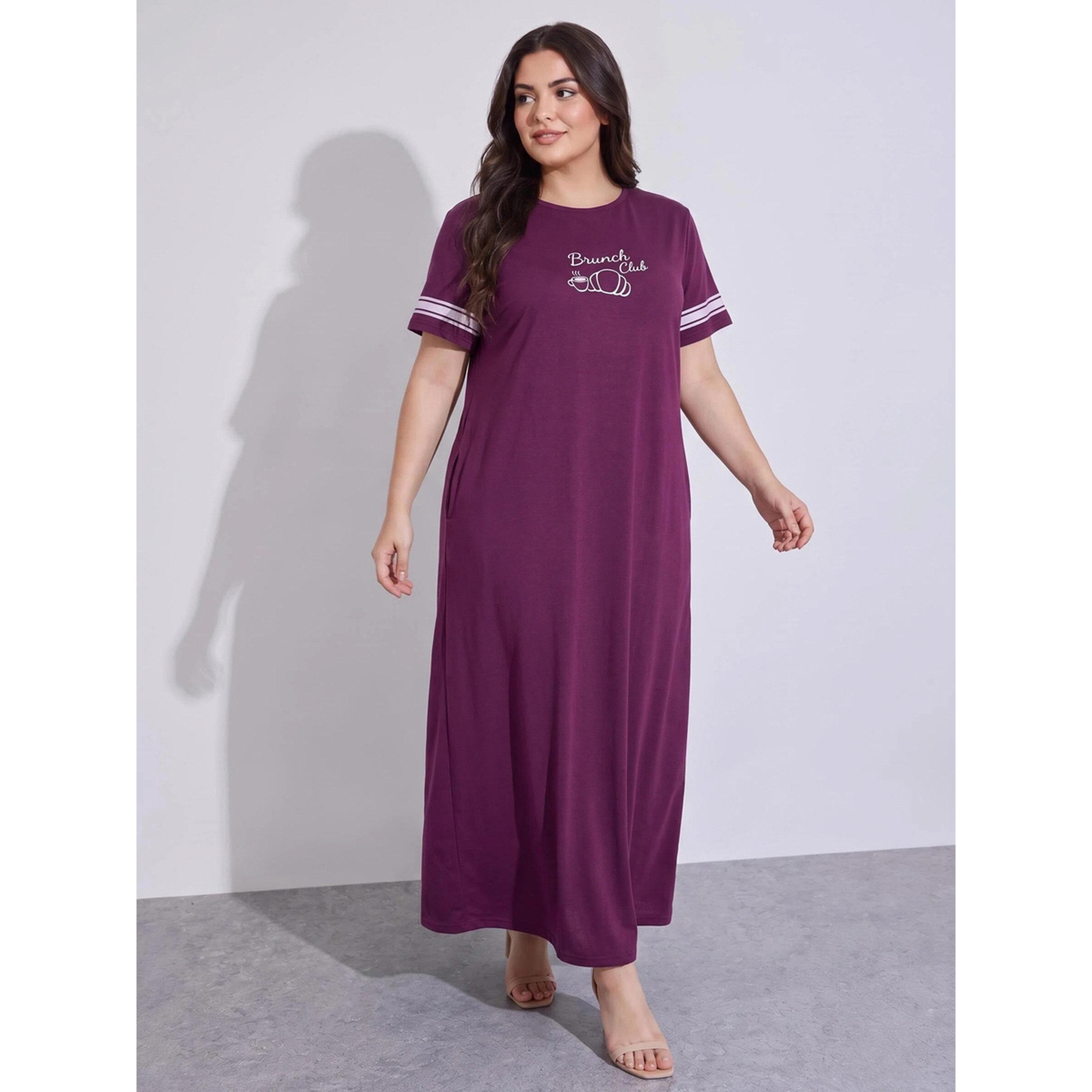 ستايلي - تيشيرت نوم مخطط بأكمام زينة شعار نادي برانش - ماكسي-women-clothing-nightwear-nighties-image-1