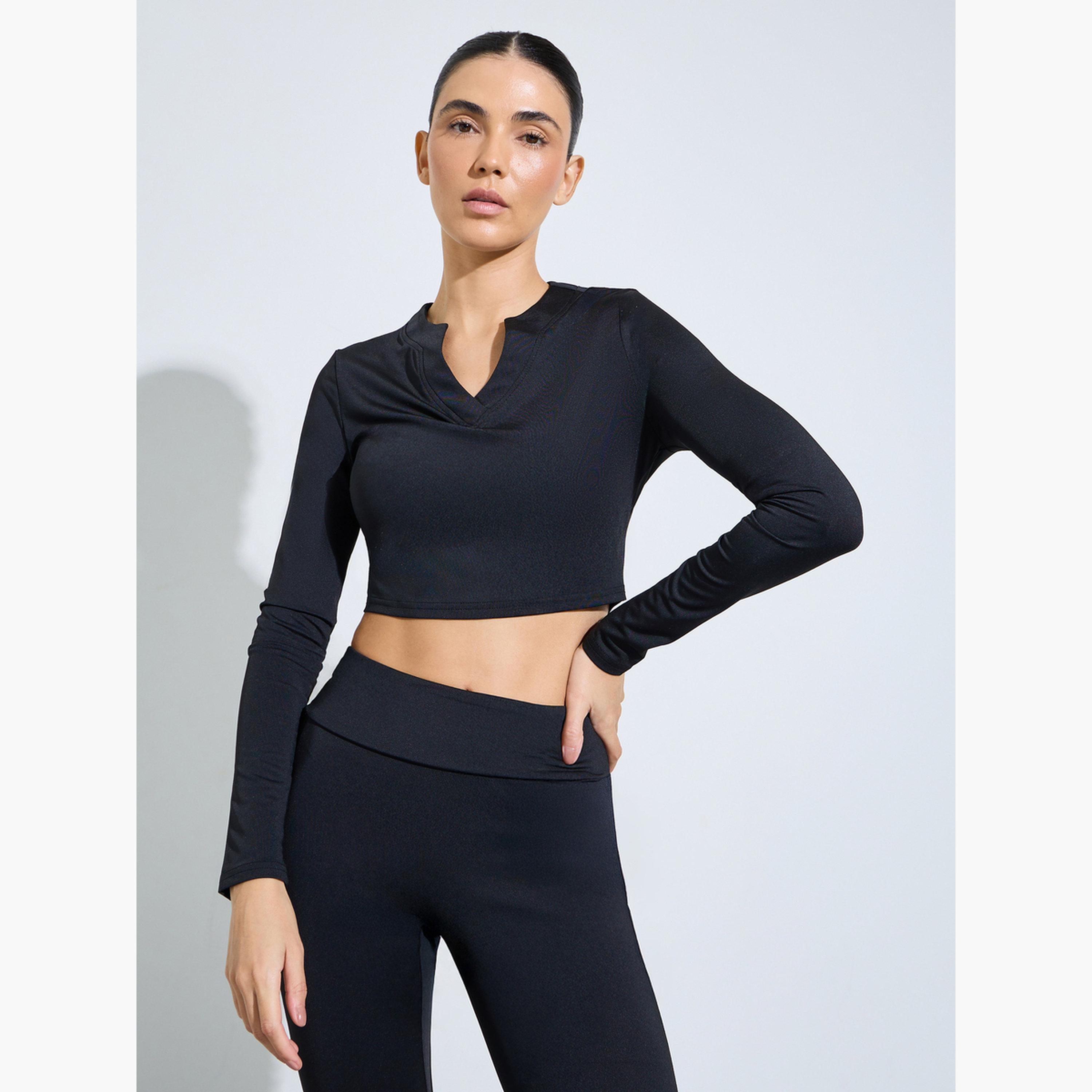 طقم من ليقنز واسع وبلوزة قصيرة بفتحة رقبة-women-clothing-coordsets-image-2