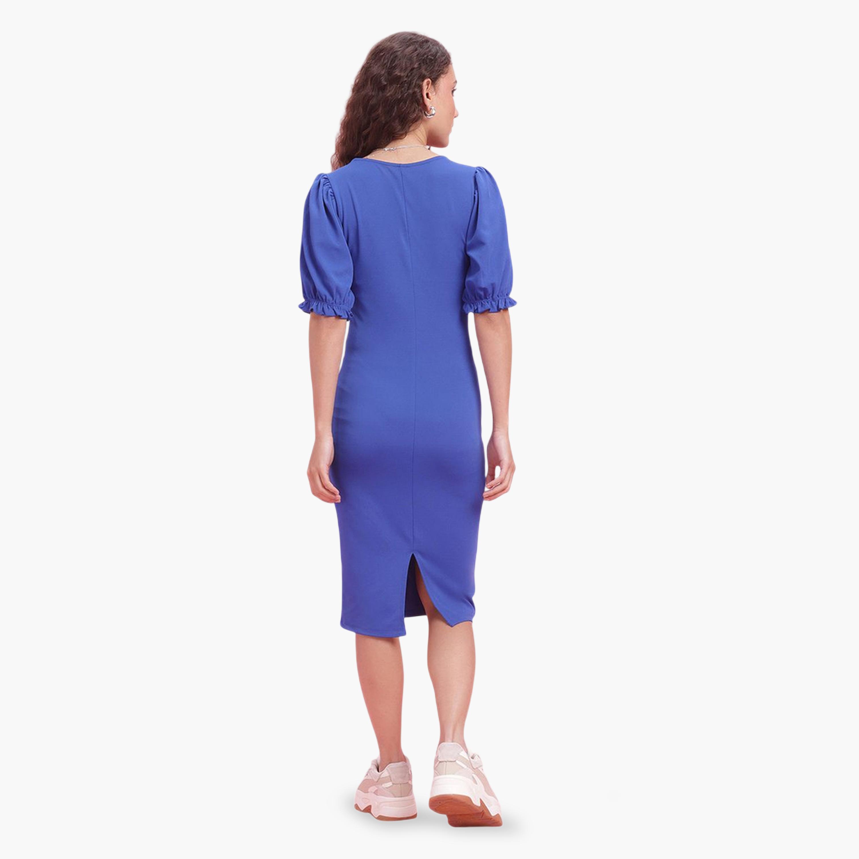 فستان ميدي بقصة ضيقة للحفلات بأكمام قصيرة منفوخة-women-clothing-dresses-image-4